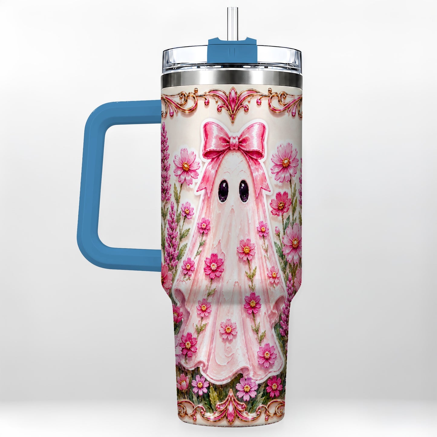 #pl[40oz|Blue] Pink Floral Ghost 40oz Tumbler, Halloween Stainless Steel Travel Cup