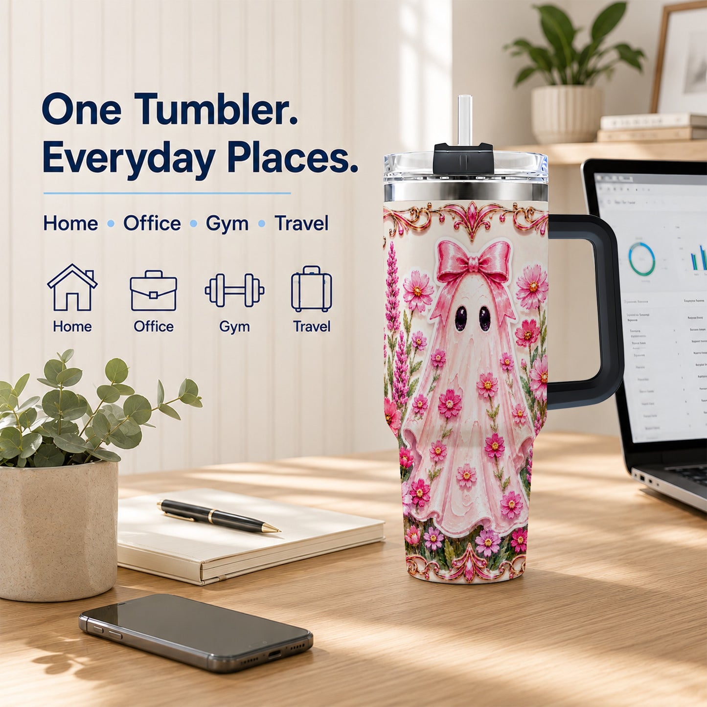 #pl[40oz|Black] Pink Floral Ghost 40oz Tumbler, Halloween Stainless Steel Travel Cup