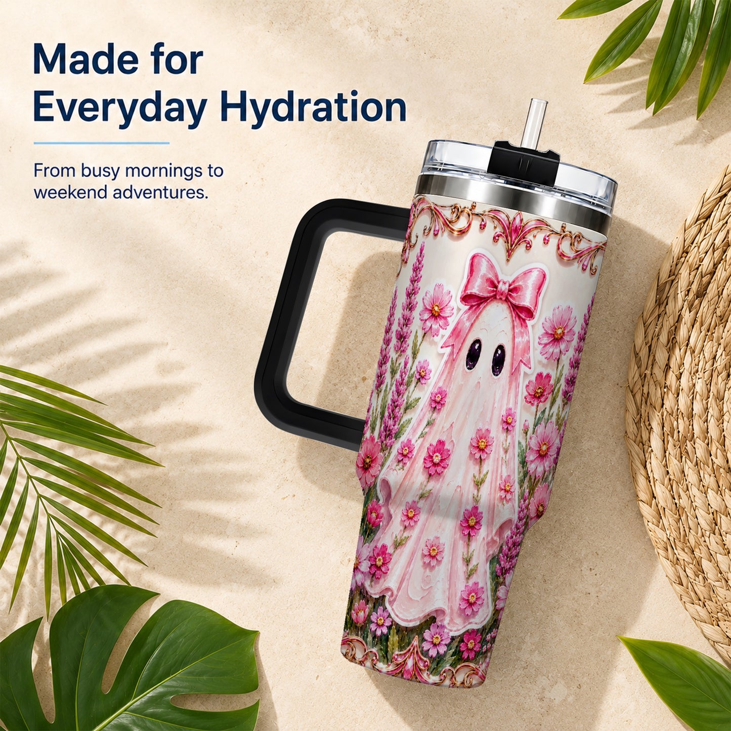#pl[40oz|Black] Pink Floral Ghost 40oz Tumbler, Halloween Stainless Steel Travel Cup