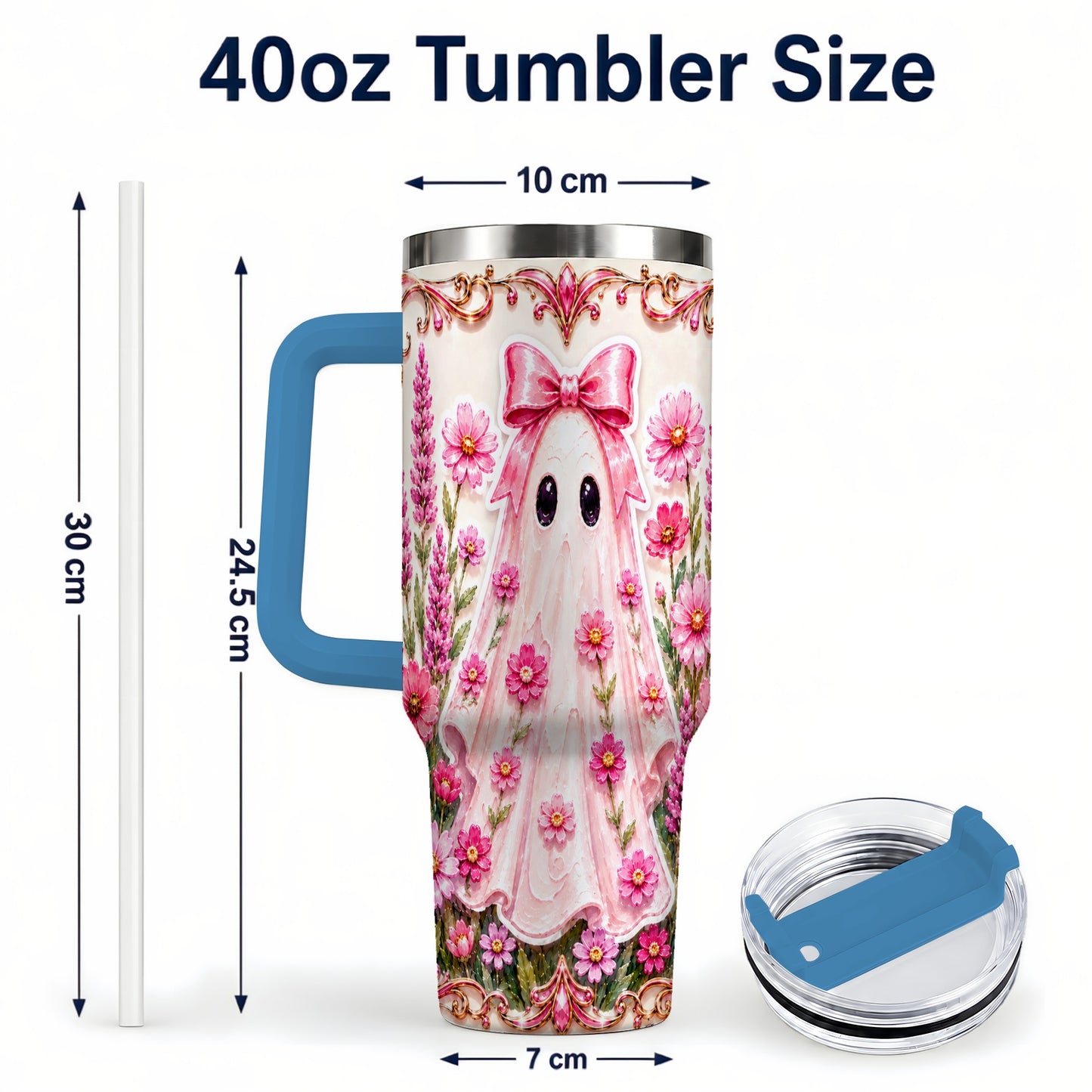 #pl[40oz|Blue] Pink Floral Ghost 40oz Tumbler, Halloween Stainless Steel Travel Cup