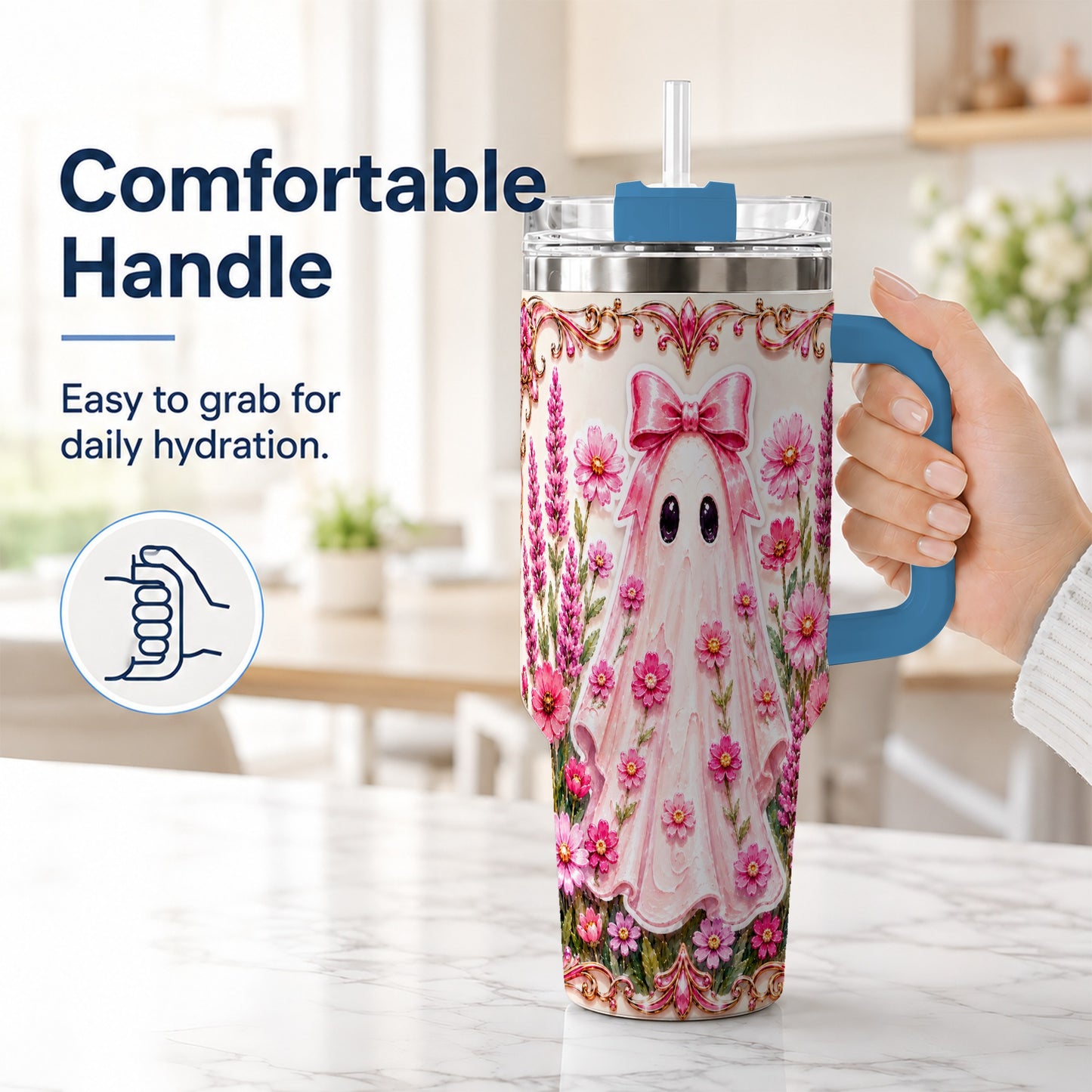 #pl[40oz|Blue] Pink Floral Ghost 40oz Tumbler, Halloween Stainless Steel Travel Cup