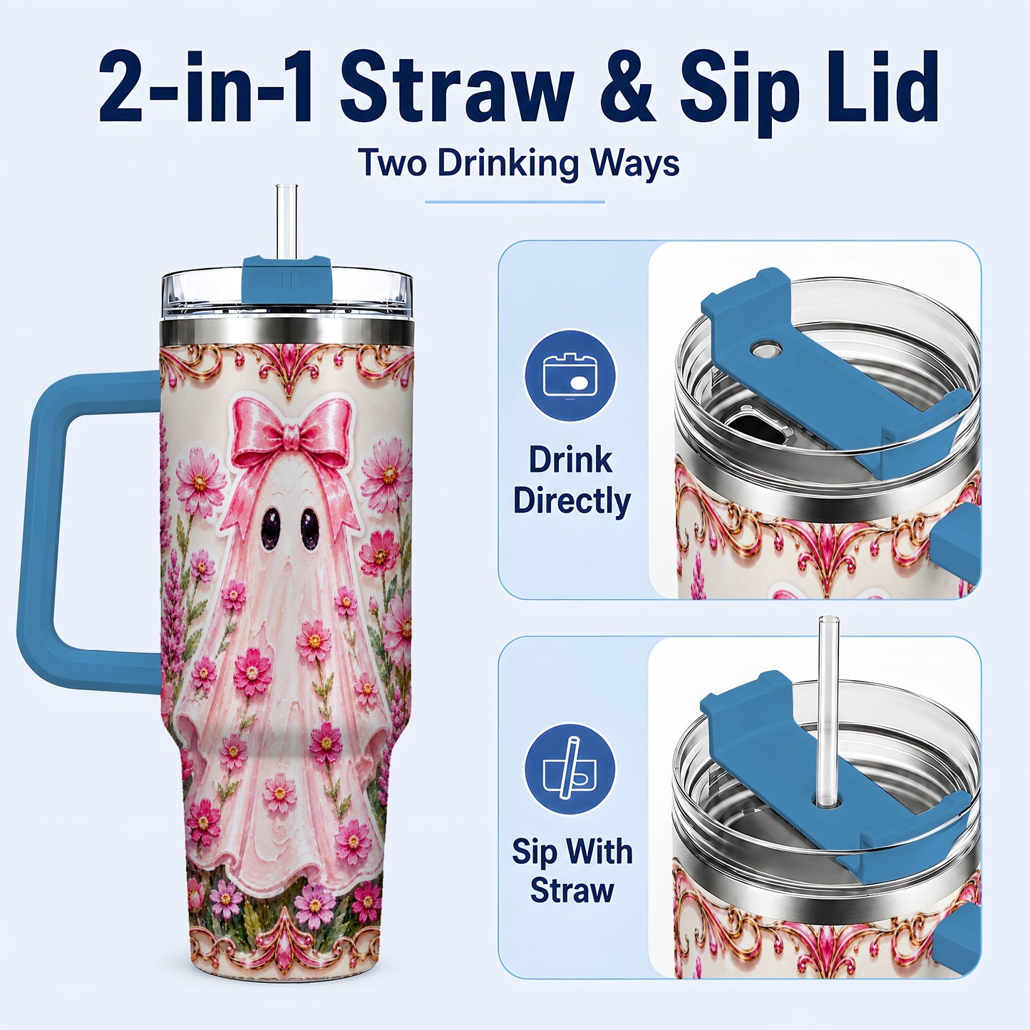 #pl[40oz|Blue] Pink Floral Ghost 40oz Tumbler, Halloween Stainless Steel Travel Cup