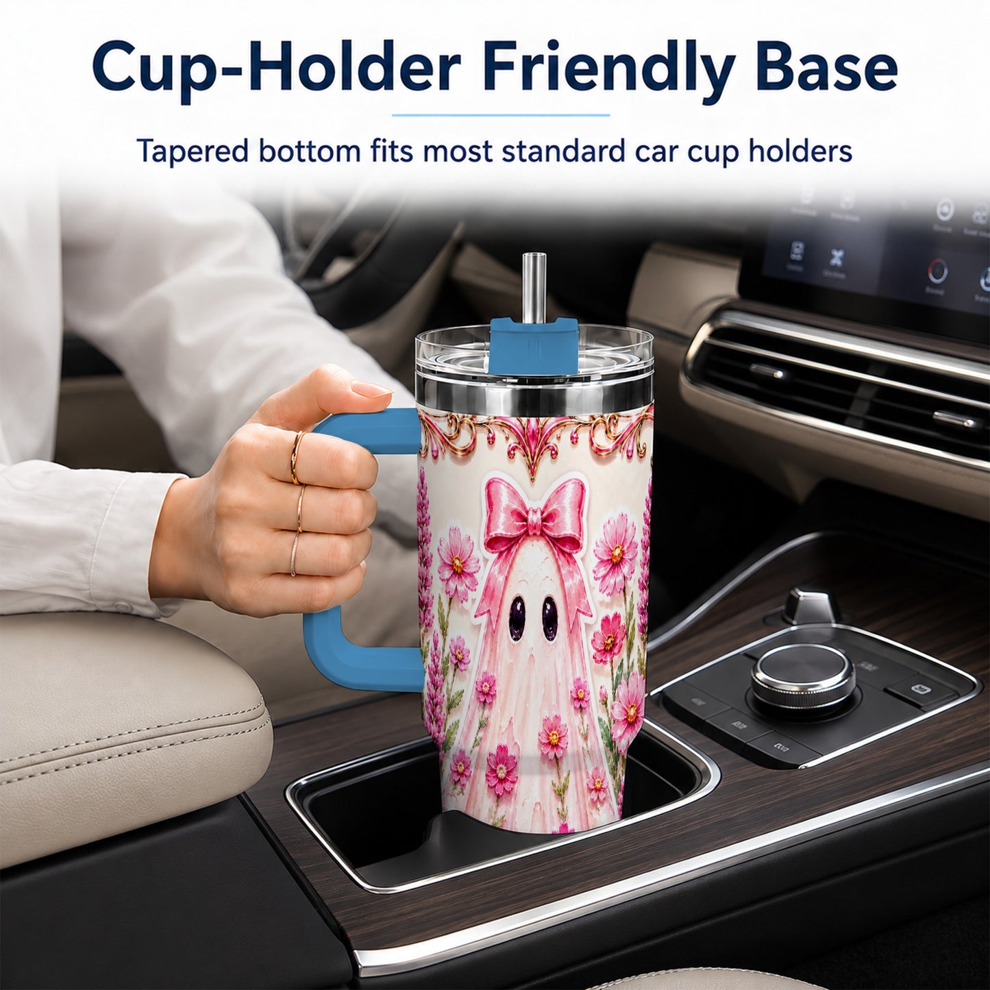 #pl[40oz|Blue] Pink Floral Ghost 40oz Tumbler, Halloween Stainless Steel Travel Cup