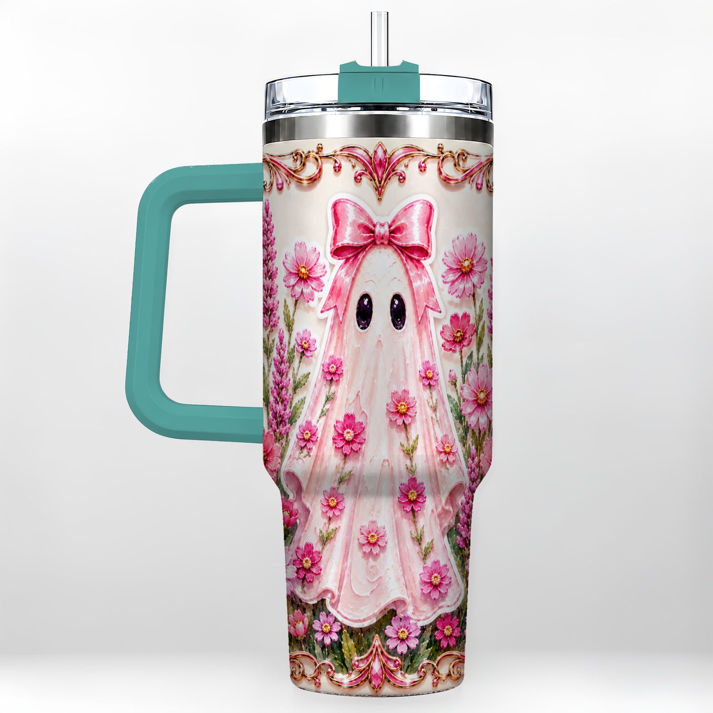 #pl[40oz|Green] Pink Floral Ghost 40oz Tumbler, Halloween Stainless Steel Travel Cup