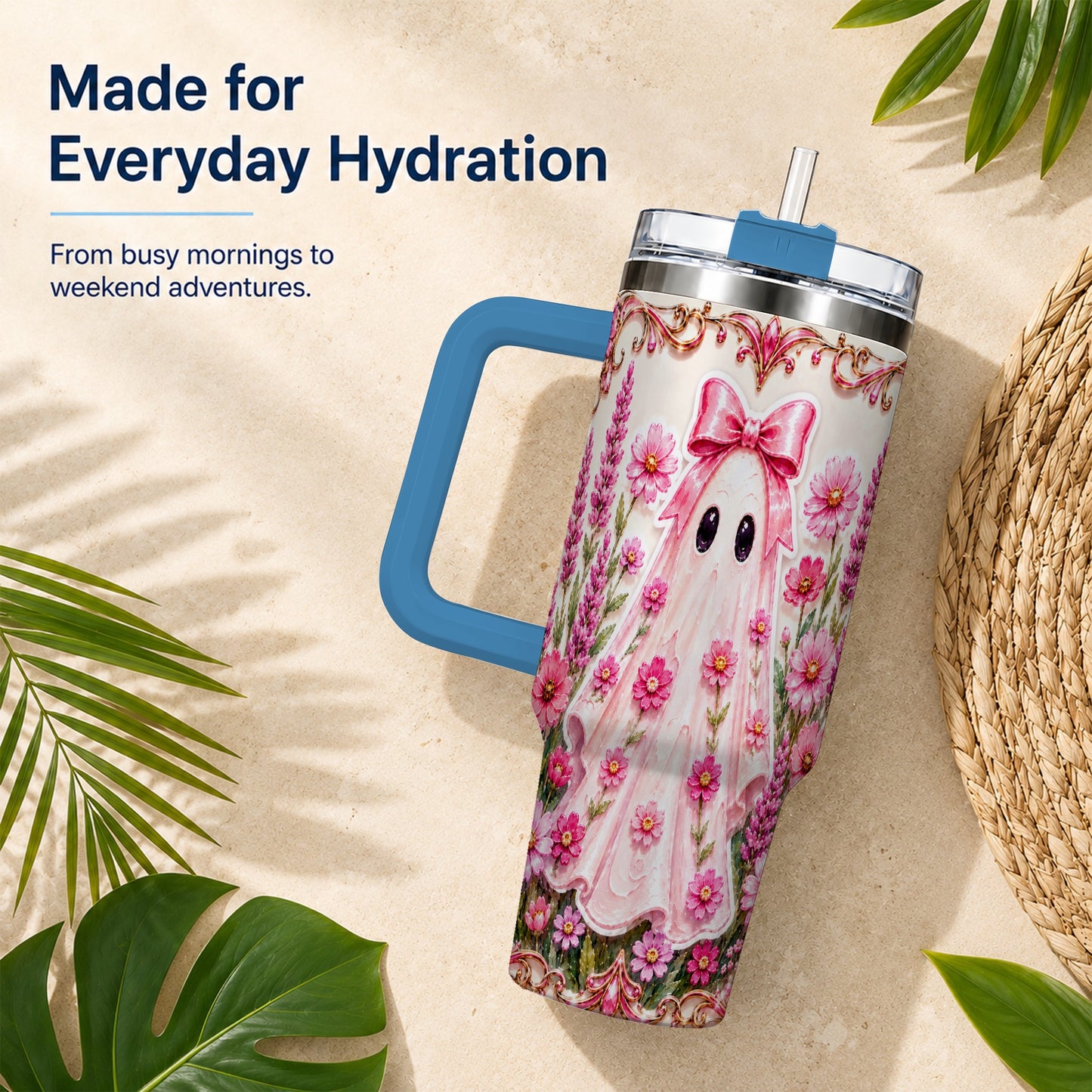 #pl[40oz|Blue] Pink Floral Ghost 40oz Tumbler, Halloween Stainless Steel Travel Cup