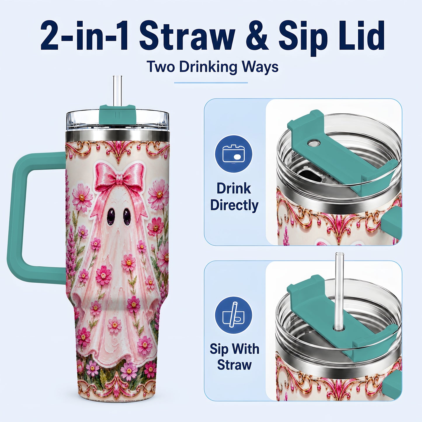 #pl[40oz|Green] Pink Floral Ghost 40oz Tumbler, Halloween Stainless Steel Travel Cup
