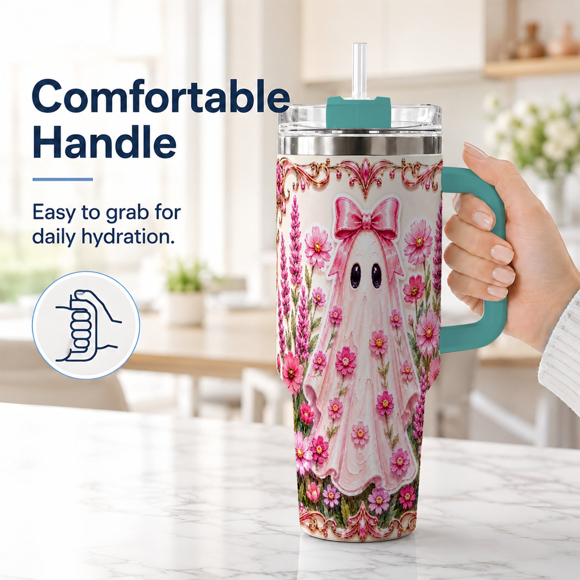 #pl[40oz|Green] Pink Floral Ghost 40oz Tumbler, Halloween Stainless Steel Travel Cup