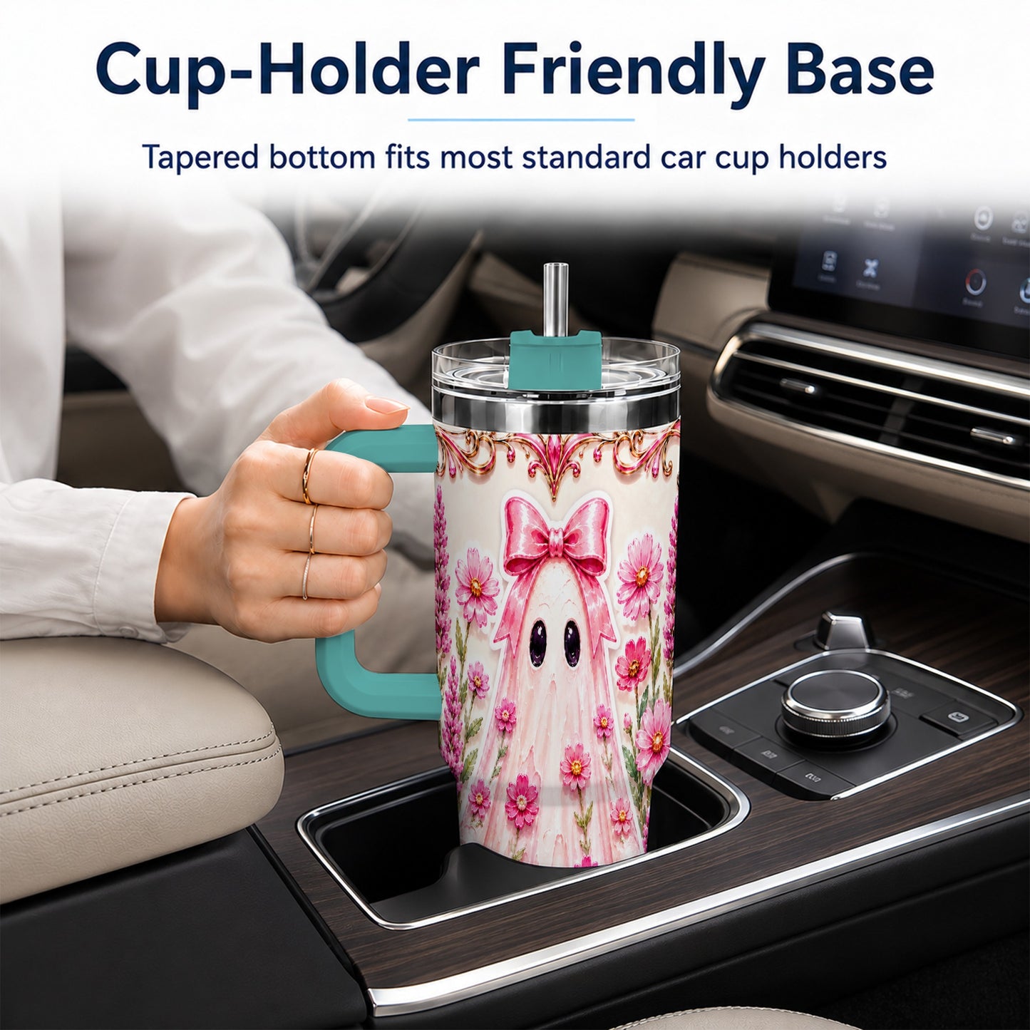 #pl[40oz|Green] Pink Floral Ghost 40oz Tumbler, Halloween Stainless Steel Travel Cup