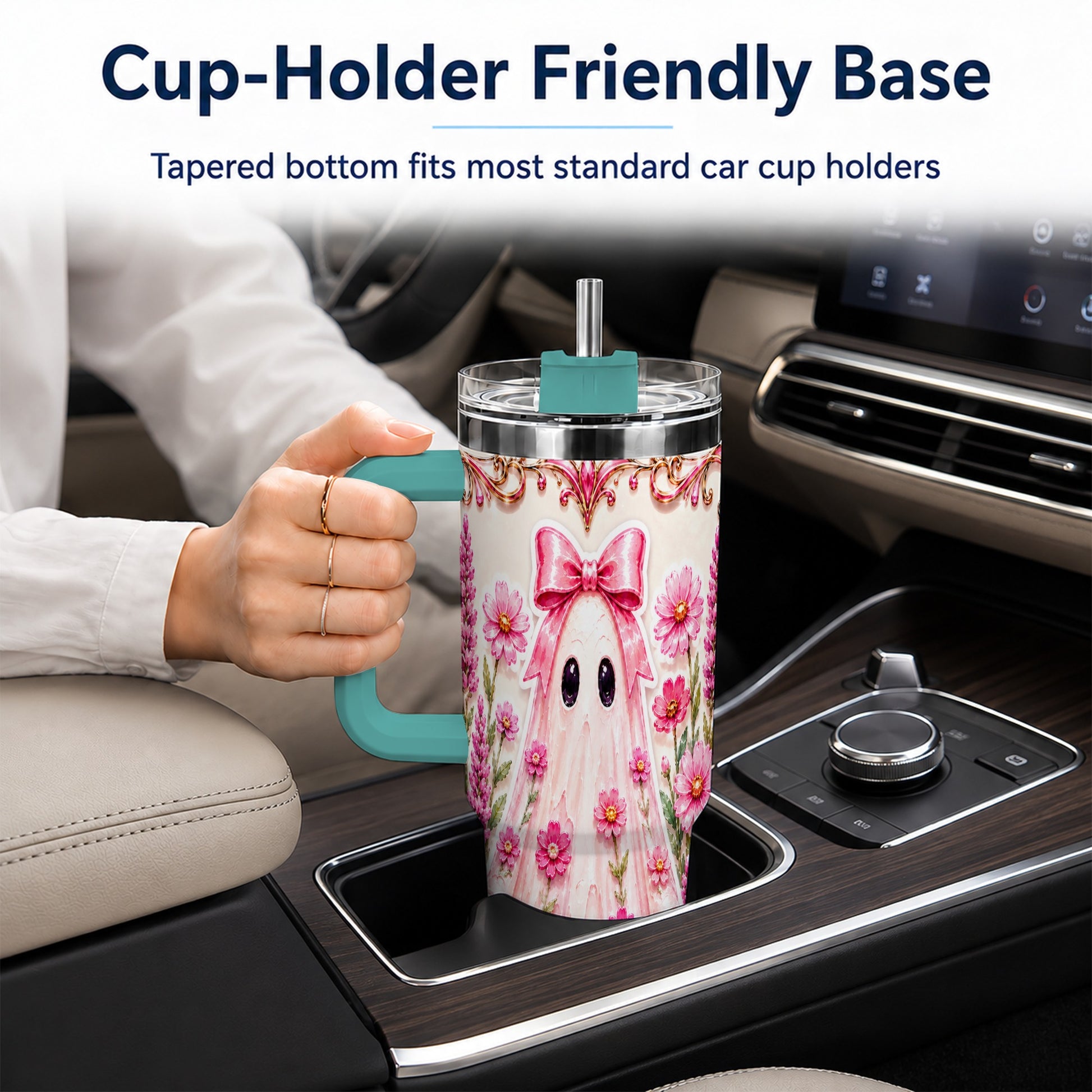 #pl[40oz|Green] Pink Floral Ghost 40oz Tumbler, Halloween Stainless Steel Travel Cup