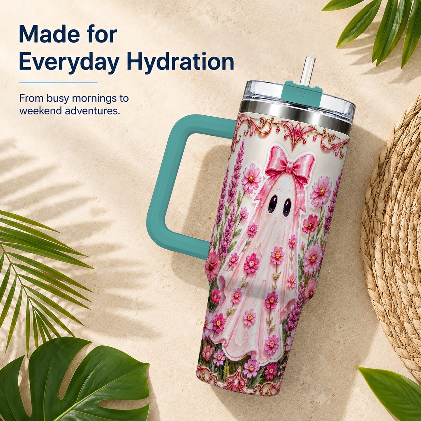 #pl[40oz|Green] Pink Floral Ghost 40oz Tumbler, Halloween Stainless Steel Travel Cup