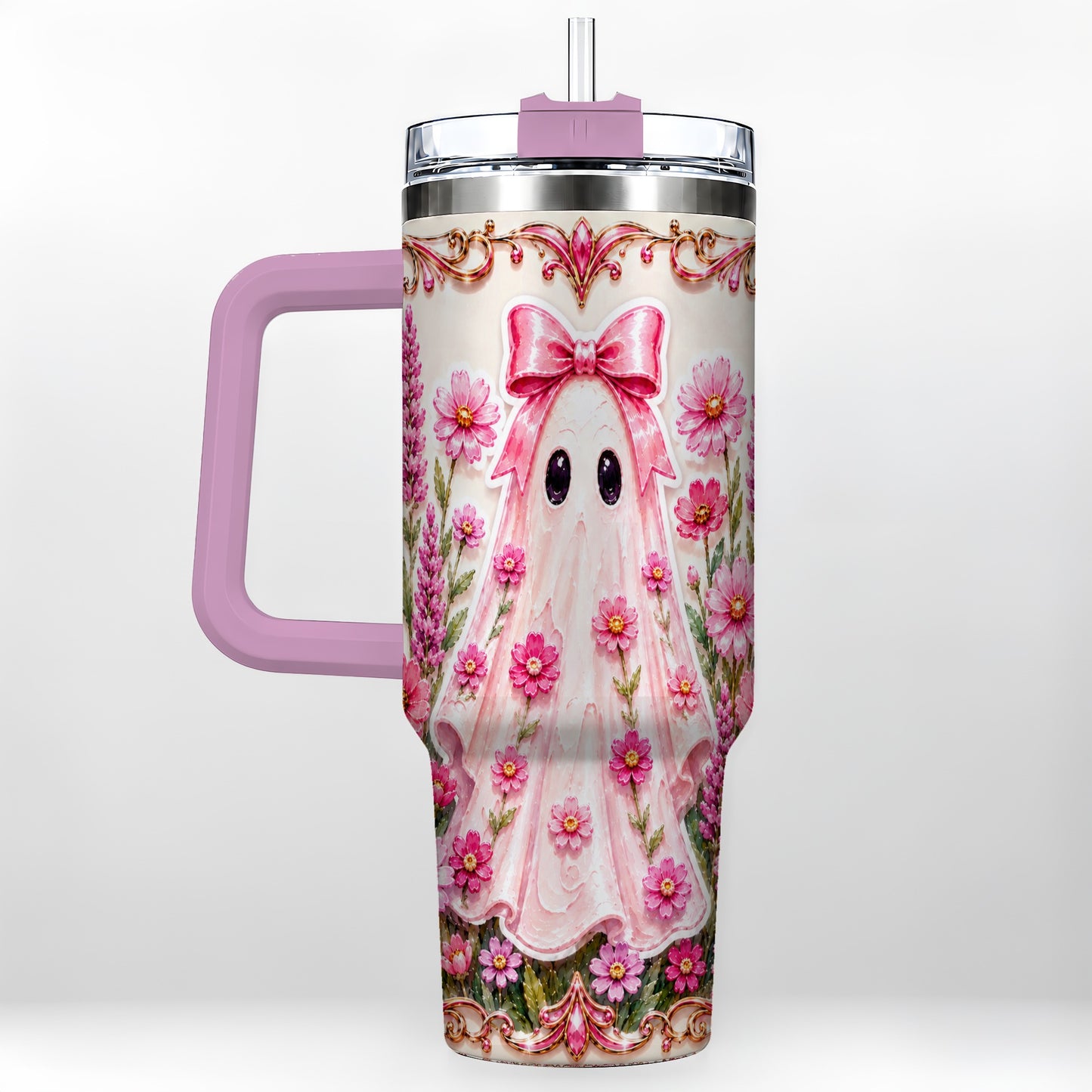#pl[40oz|Pink] Pink Floral Ghost 40oz Tumbler, Halloween Stainless Steel Travel Cup