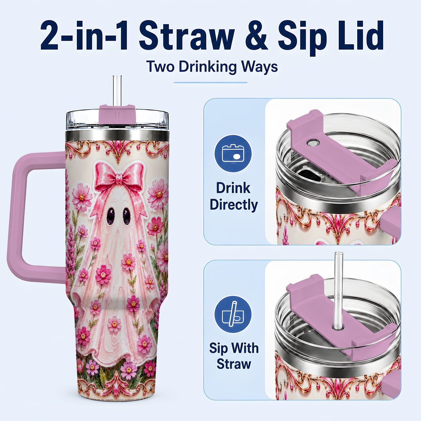 #pl[40oz|Pink] Pink Floral Ghost 40oz Tumbler, Halloween Stainless Steel Travel Cup