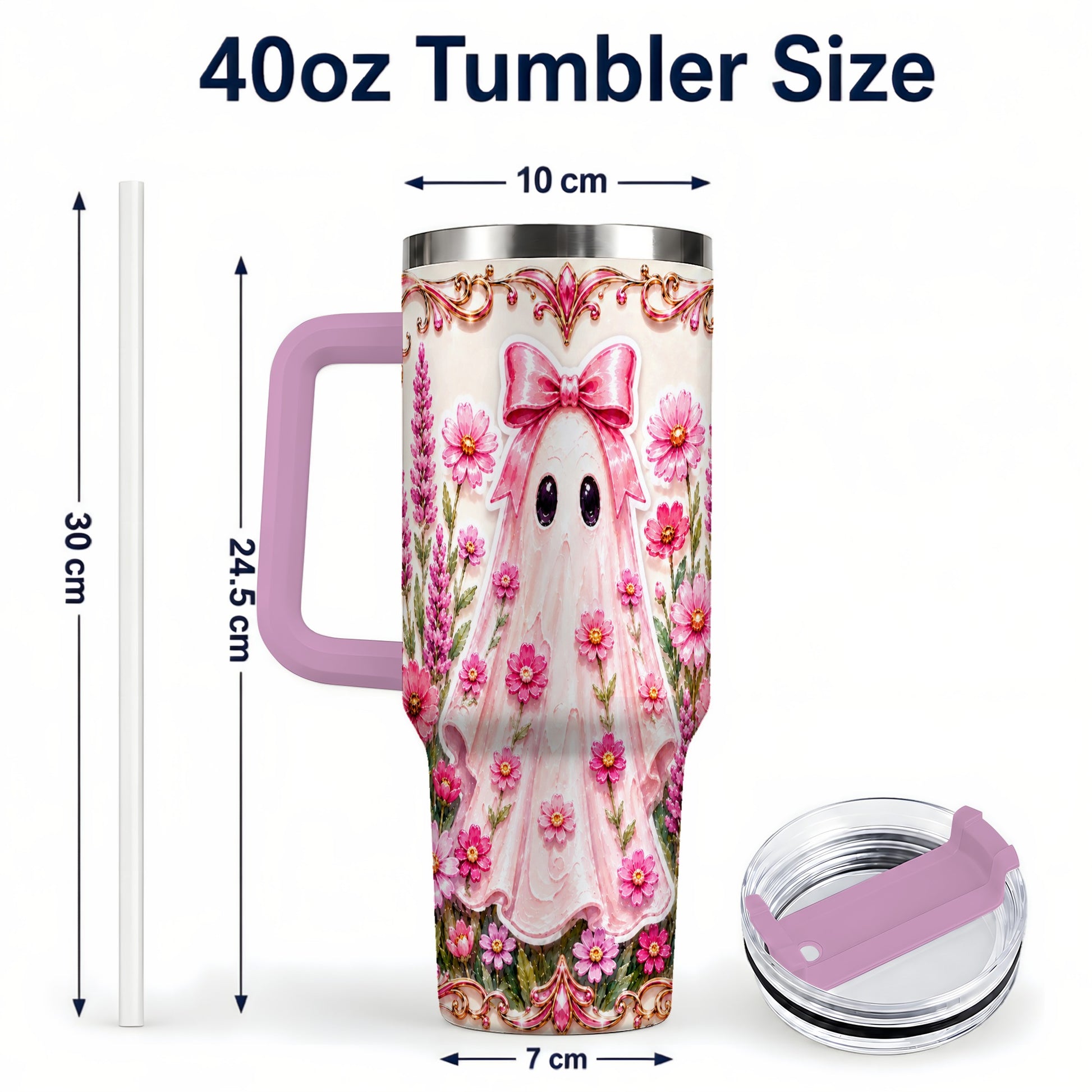 #pl[40oz|Pink] Pink Floral Ghost 40oz Tumbler, Halloween Stainless Steel Travel Cup