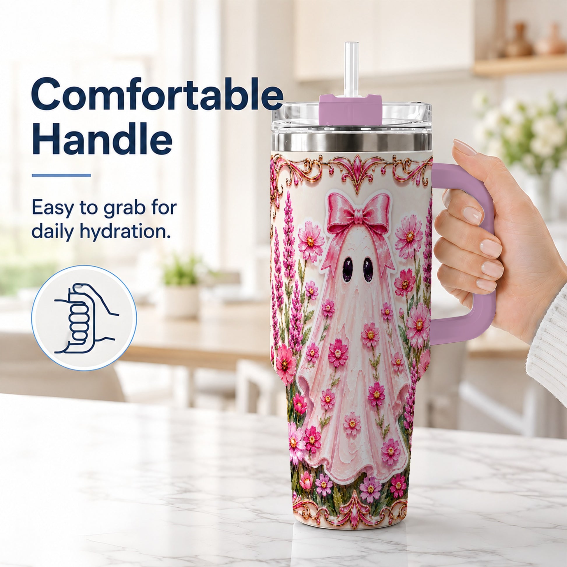 #pl[40oz|Pink] Pink Floral Ghost 40oz Tumbler, Halloween Stainless Steel Travel Cup