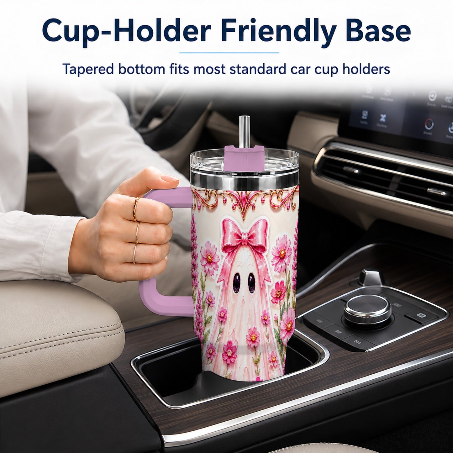 #pl[40oz|Pink] Pink Floral Ghost 40oz Tumbler, Halloween Stainless Steel Travel Cup