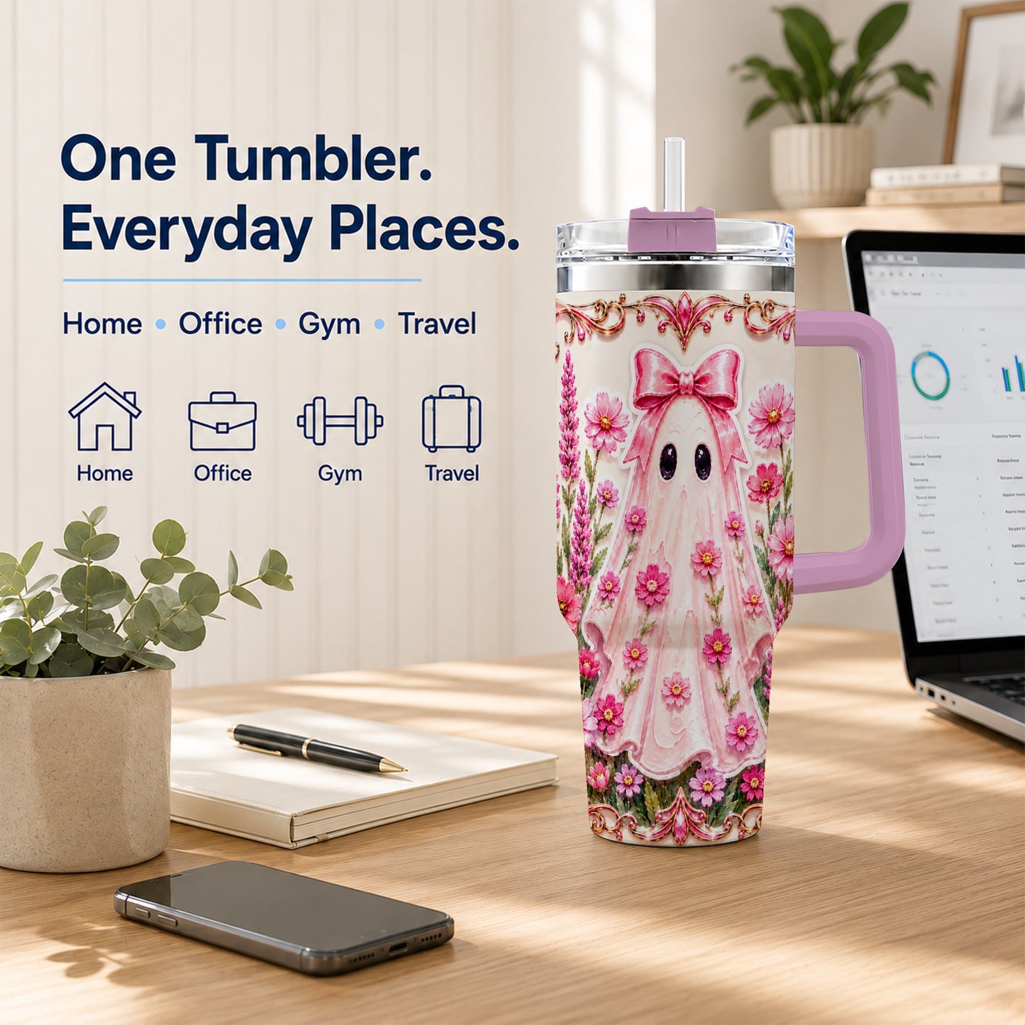 #pl[40oz|Pink] Pink Floral Ghost 40oz Tumbler, Halloween Stainless Steel Travel Cup