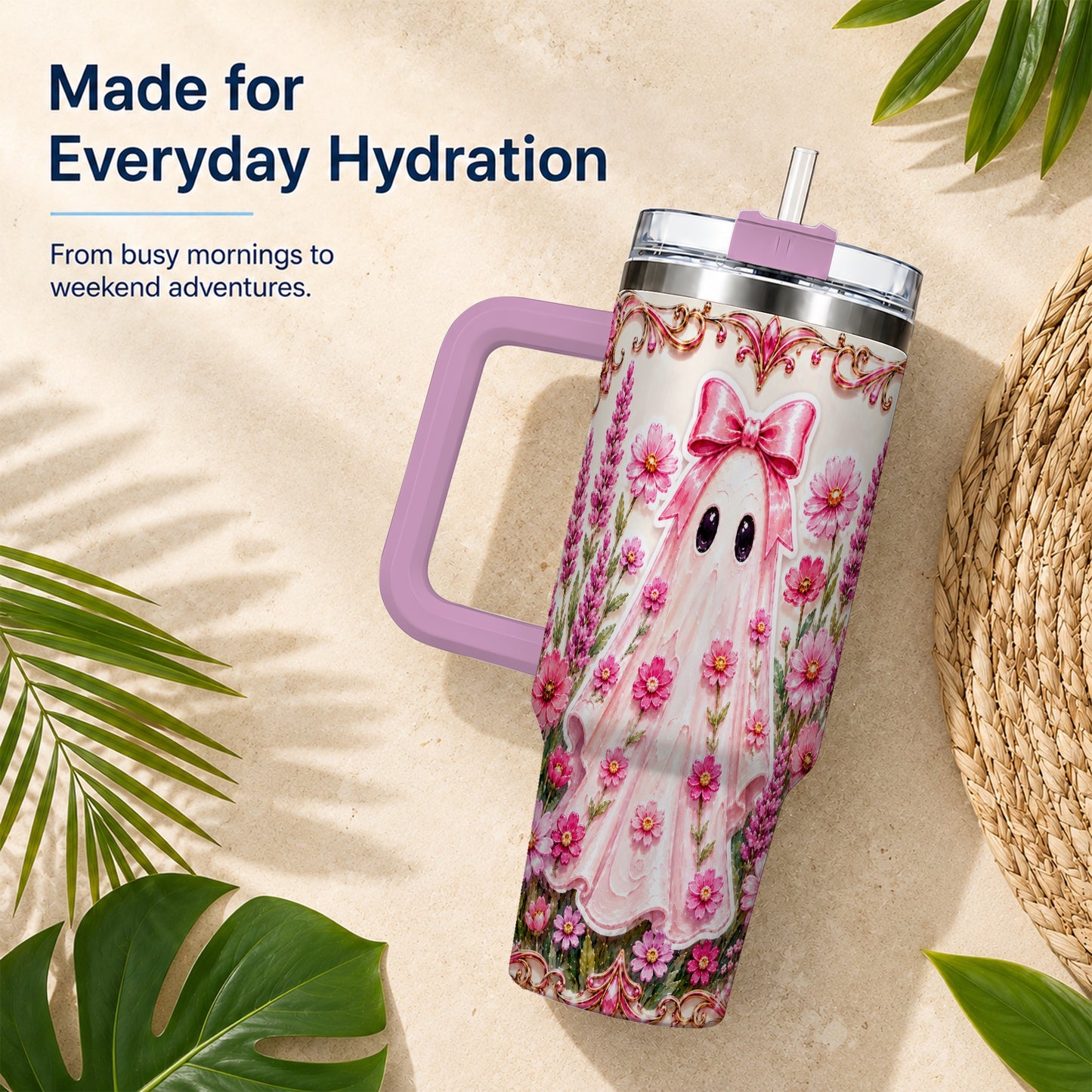 #pl[40oz|Pink] Pink Floral Ghost 40oz Tumbler, Halloween Stainless Steel Travel Cup