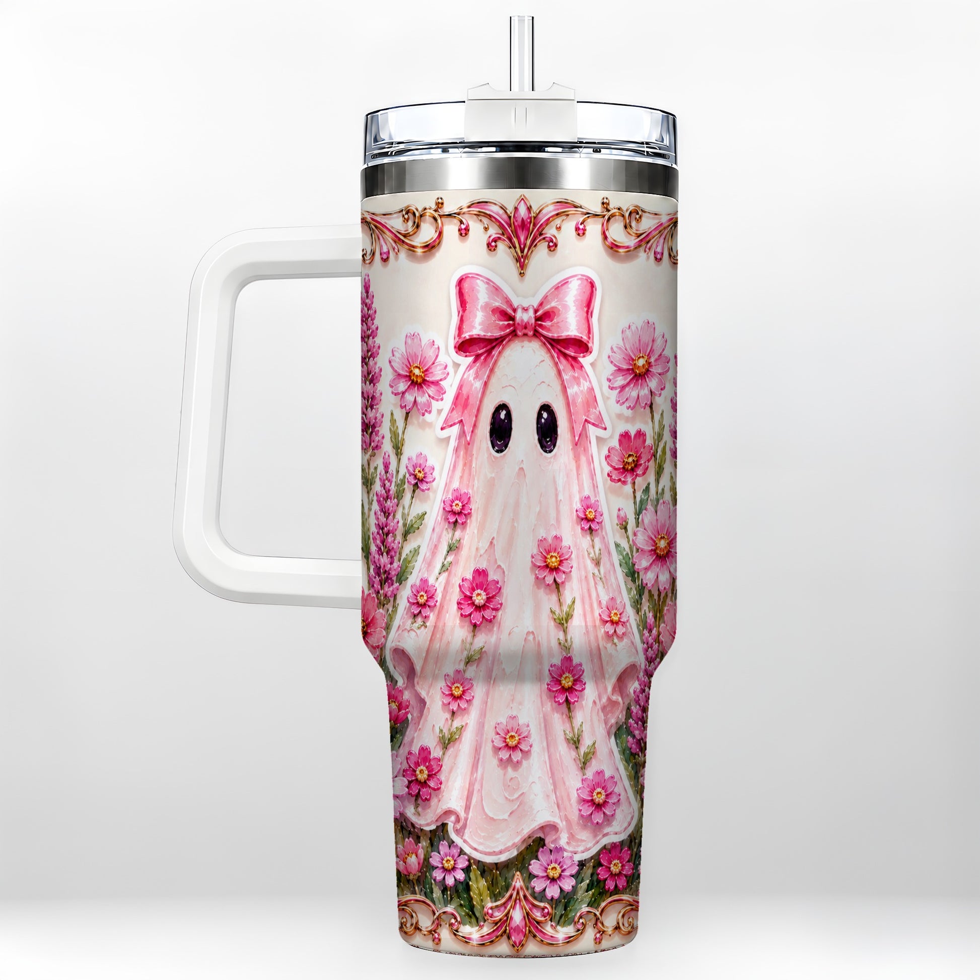 #pl[40oz|White] Pink Floral Ghost 40oz Tumbler, Halloween Stainless Steel Travel Cup