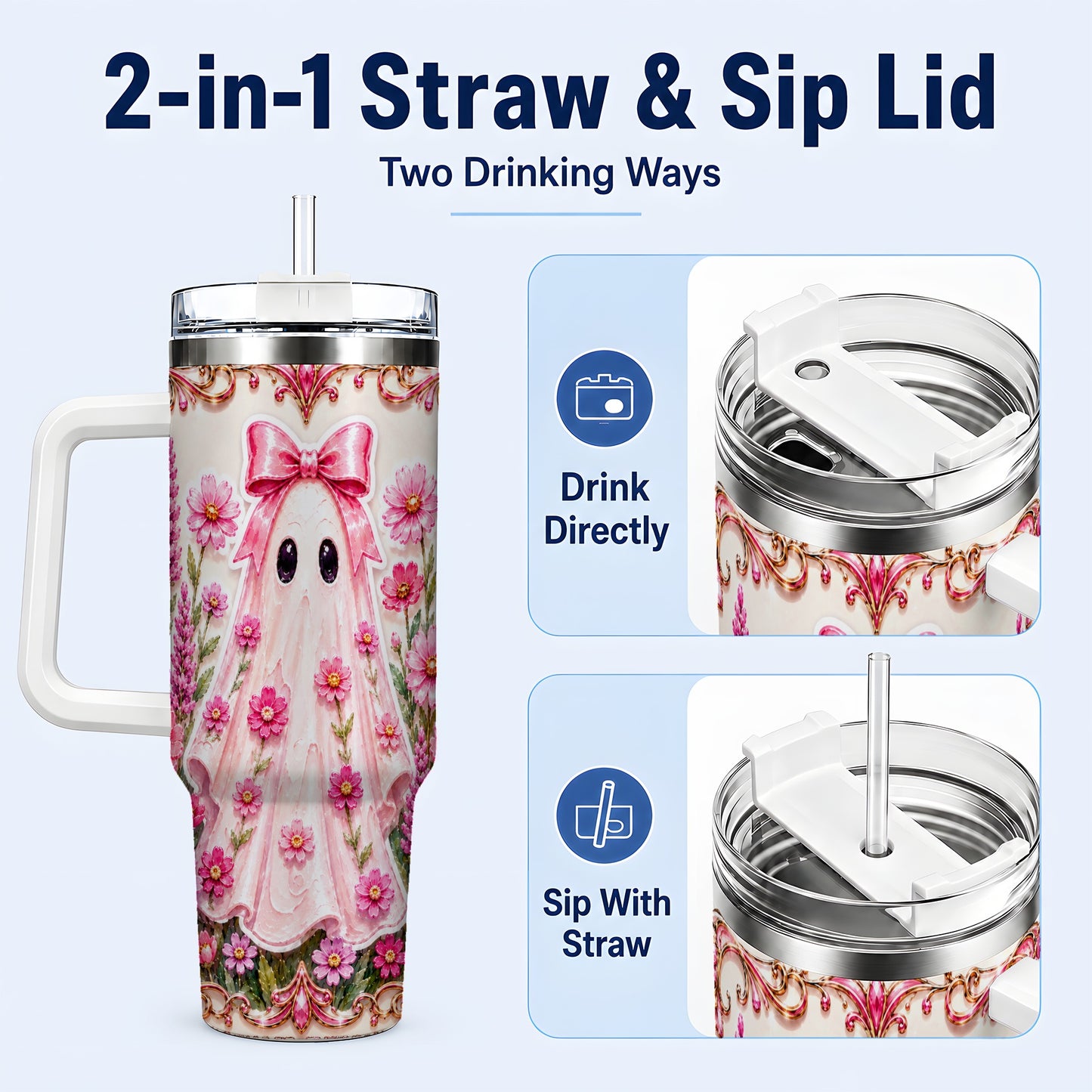 #pl[40oz|White] Pink Floral Ghost 40oz Tumbler, Halloween Stainless Steel Travel Cup