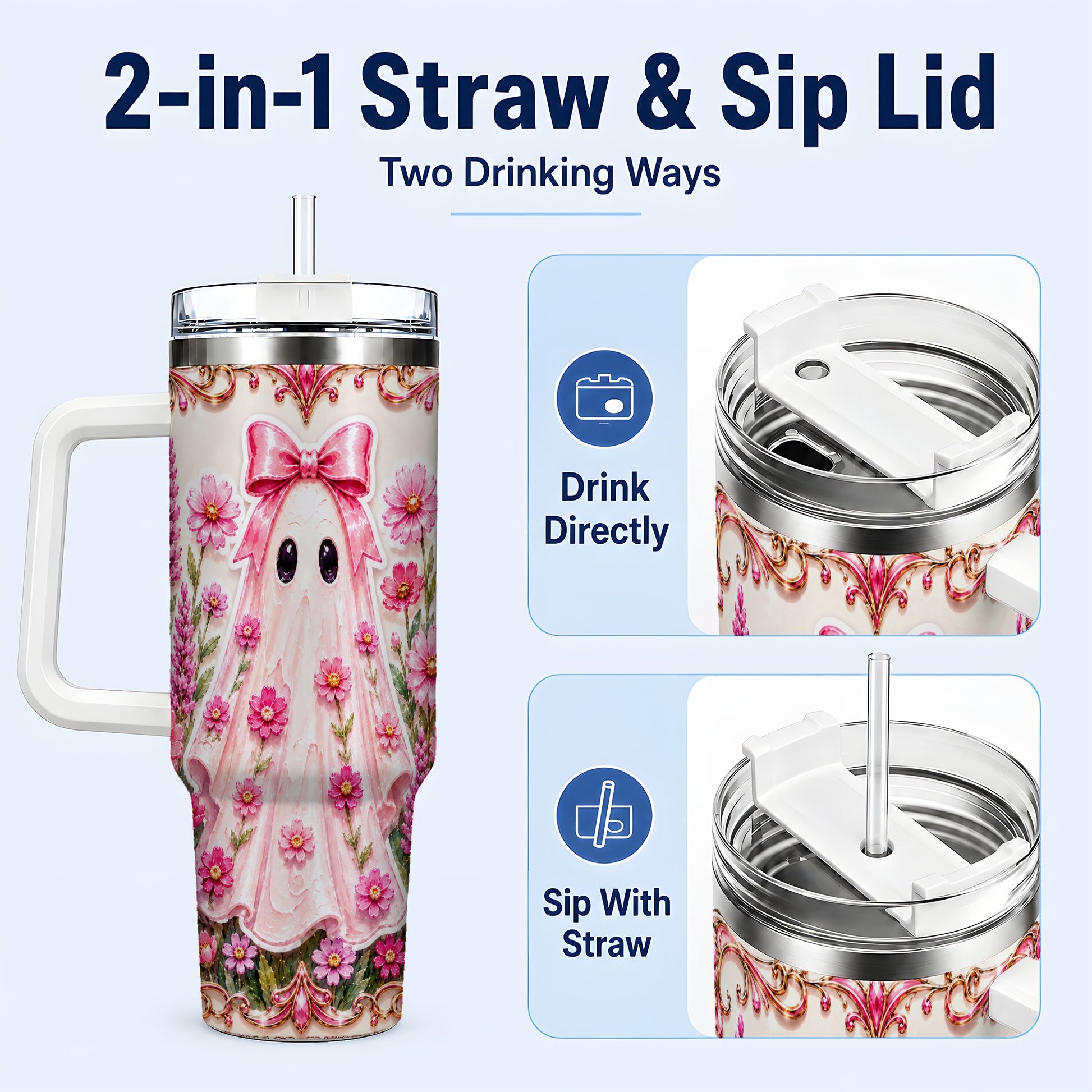 #pl[40oz|White] Pink Floral Ghost 40oz Tumbler, Halloween Stainless Steel Travel Cup