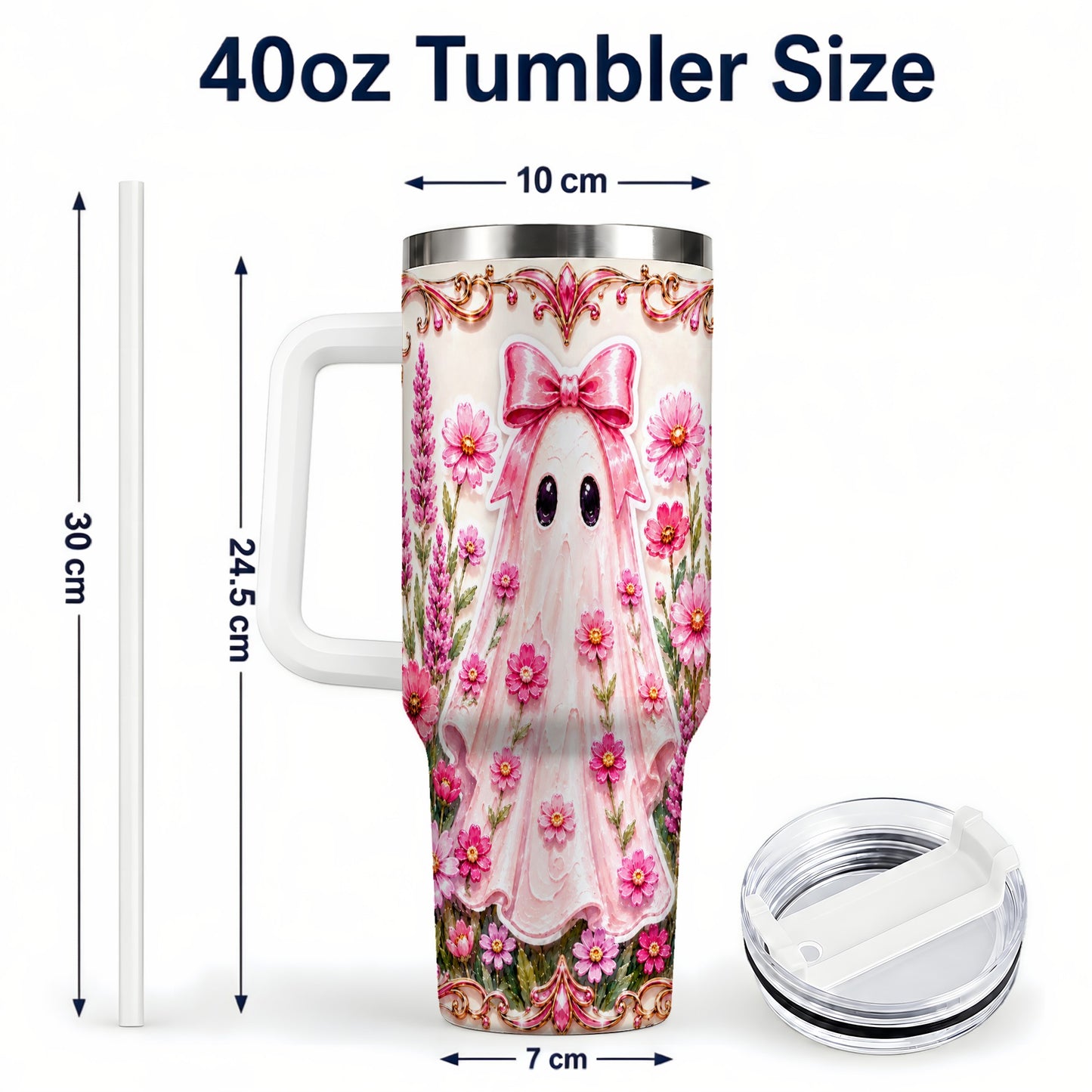 #pl[40oz|White] Pink Floral Ghost 40oz Tumbler, Halloween Stainless Steel Travel Cup
