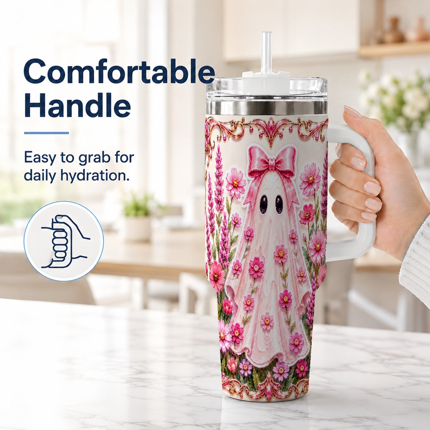 #pl[40oz|White] Pink Floral Ghost 40oz Tumbler, Halloween Stainless Steel Travel Cup