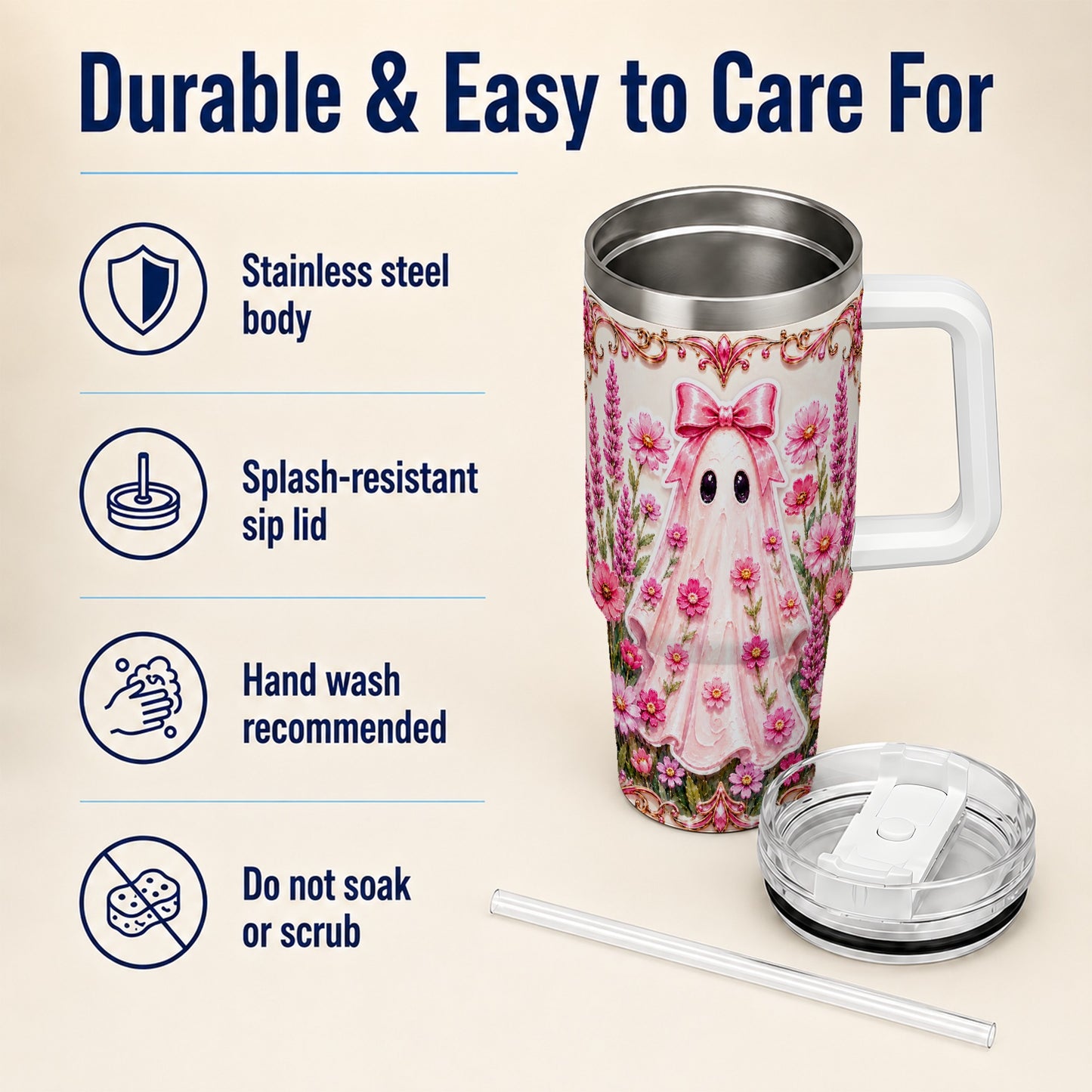 #pl[40oz|White] Pink Floral Ghost 40oz Tumbler, Halloween Stainless Steel Travel Cup