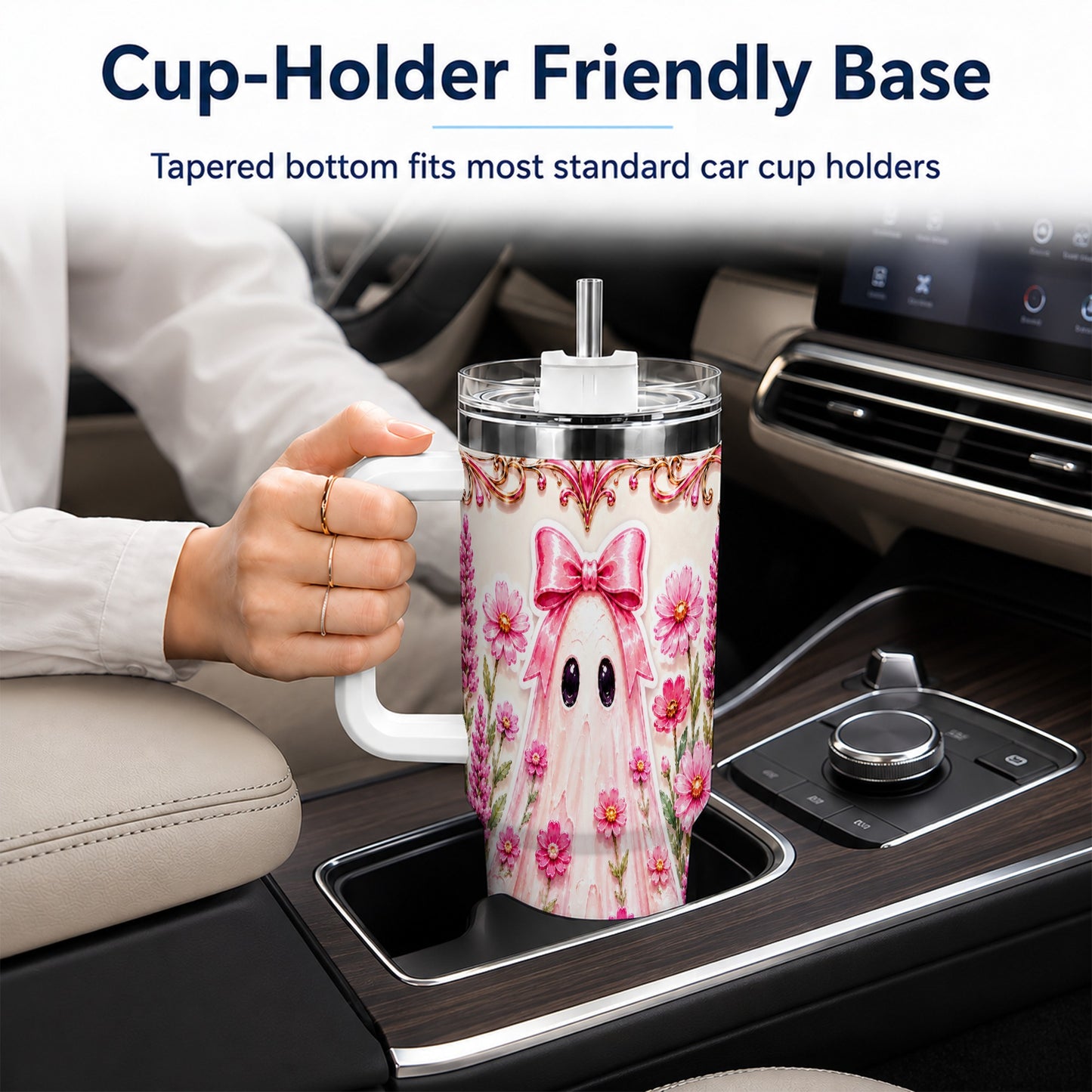 #pl[40oz|White] Pink Floral Ghost 40oz Tumbler, Halloween Stainless Steel Travel Cup