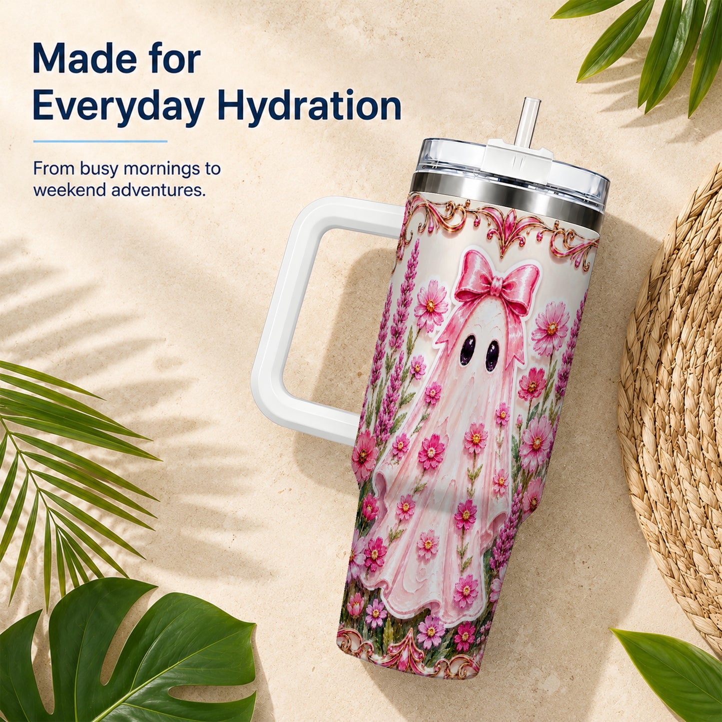 #pl[40oz|White] Pink Floral Ghost 40oz Tumbler, Halloween Stainless Steel Travel Cup
