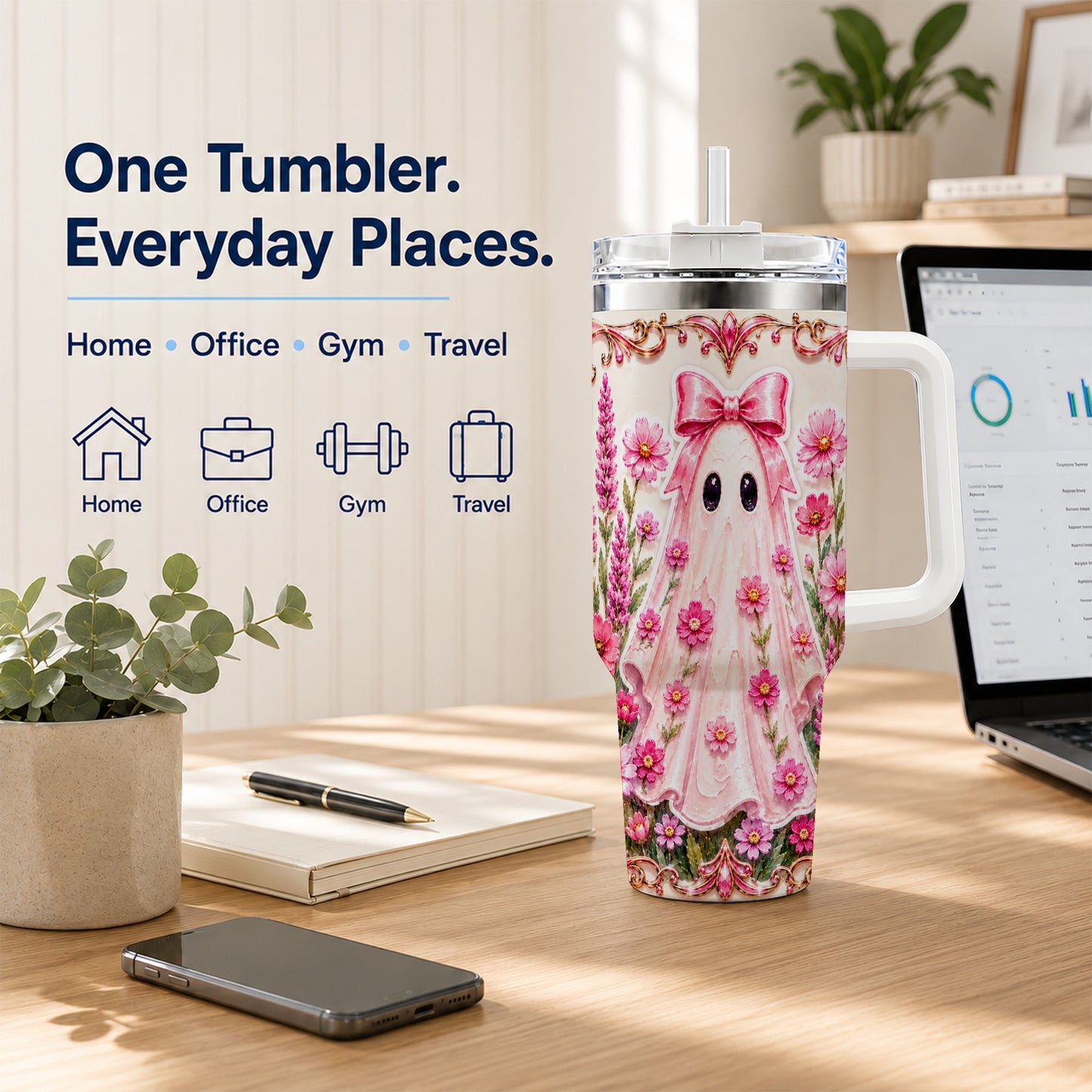 #pl[40oz|White] Pink Floral Ghost 40oz Tumbler, Halloween Stainless Steel Travel Cup