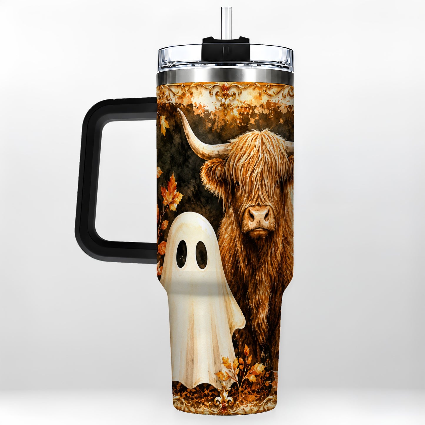 #pl[40oz|Black] Highland Cow Ghost 40oz Tumbler with Handle, Autumn Travel Cup