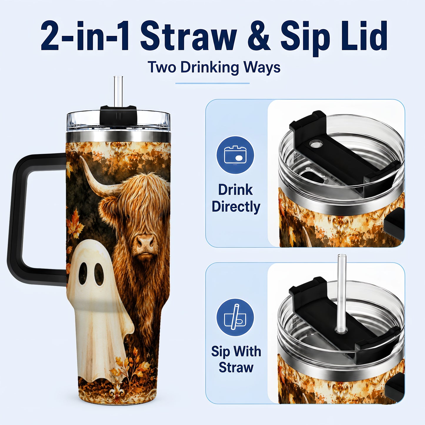 #pl[40oz|Black] Highland Cow Ghost 40oz Tumbler with Handle, Autumn Travel Cup