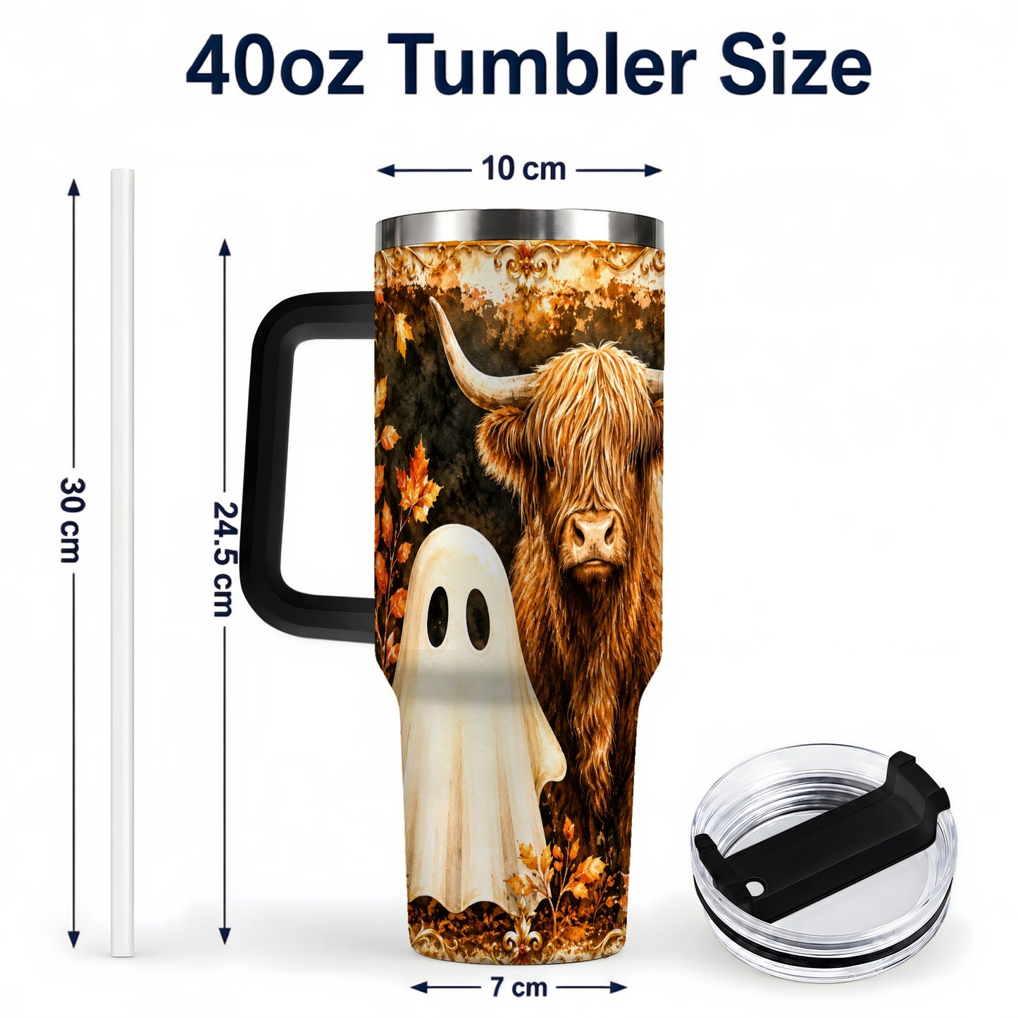 #pl[40oz|Black] Highland Cow Ghost 40oz Tumbler with Handle, Autumn Travel Cup