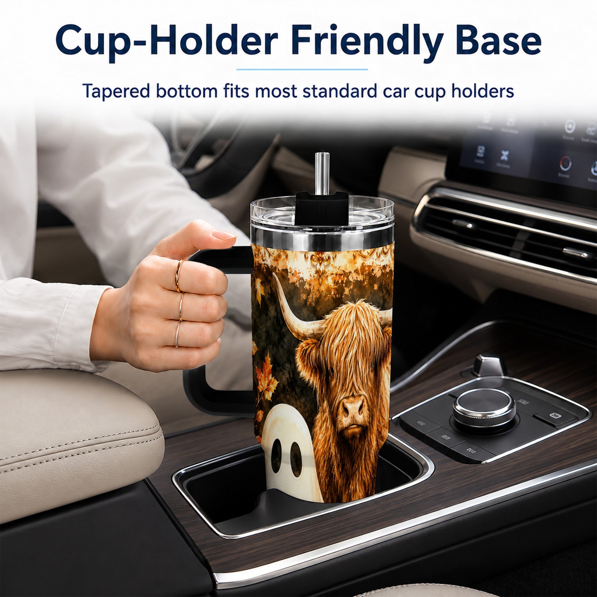 #pl[40oz|Black] Highland Cow Ghost 40oz Tumbler with Handle, Autumn Travel Cup