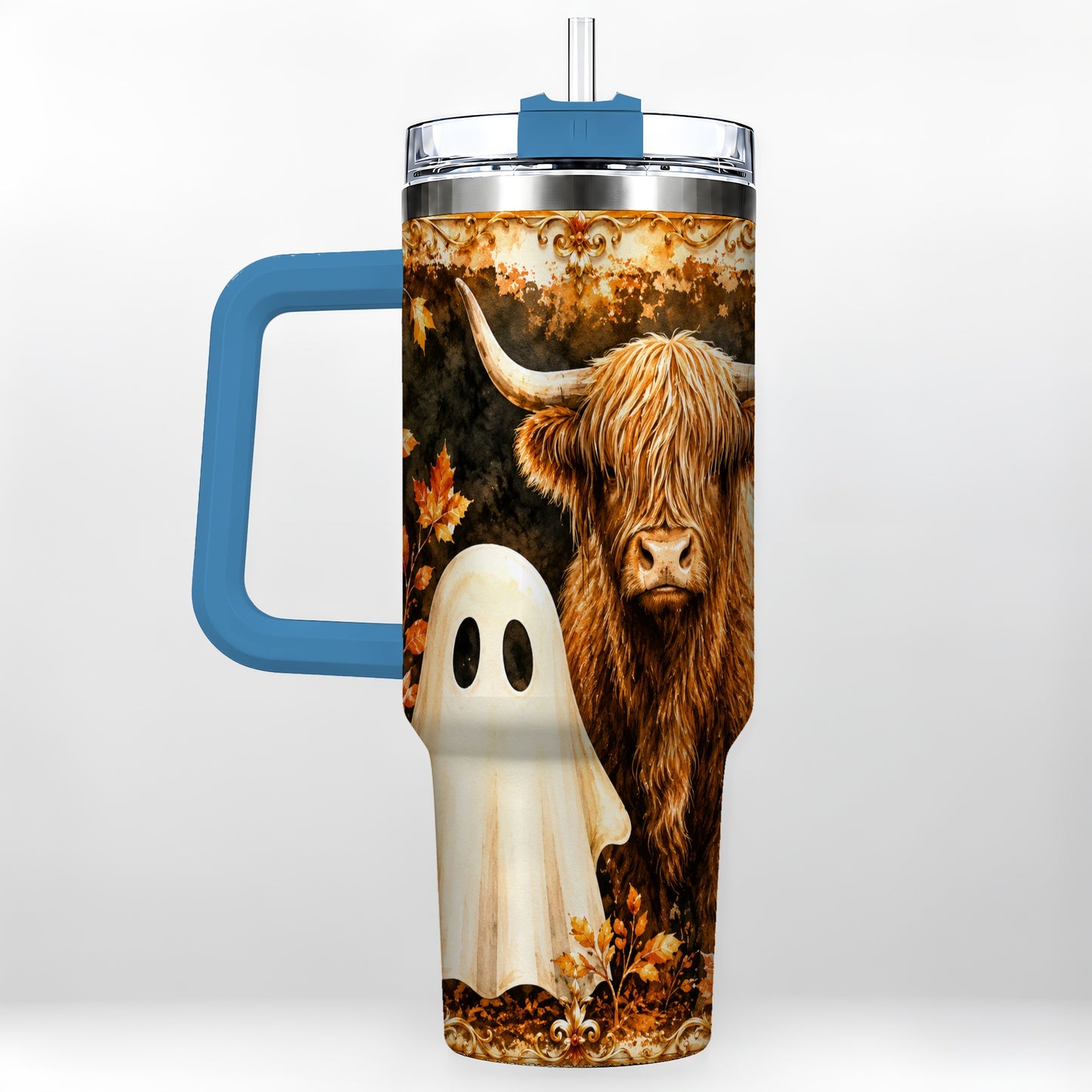 #pl[40oz|Blue] Highland Cow Ghost 40oz Tumbler with Handle, Autumn Travel Cup