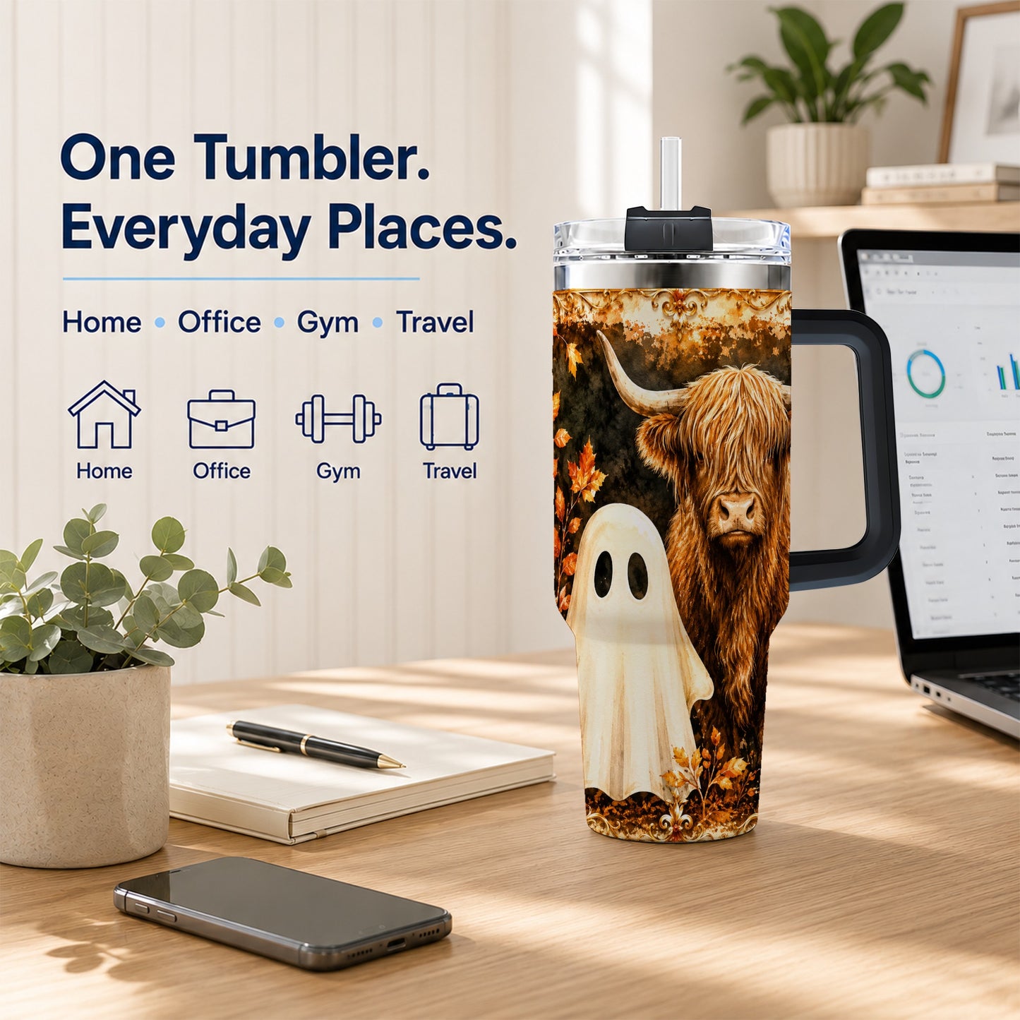#pl[40oz|Black] Highland Cow Ghost 40oz Tumbler with Handle, Autumn Travel Cup
