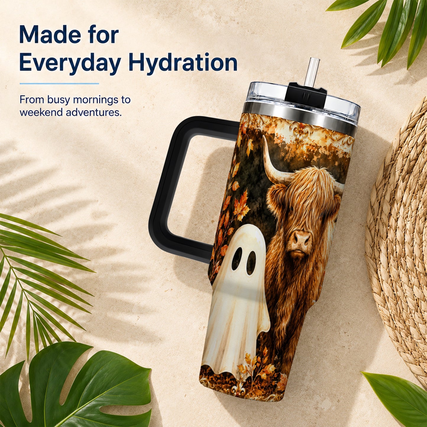 #pl[40oz|Black] Highland Cow Ghost 40oz Tumbler with Handle, Autumn Travel Cup
