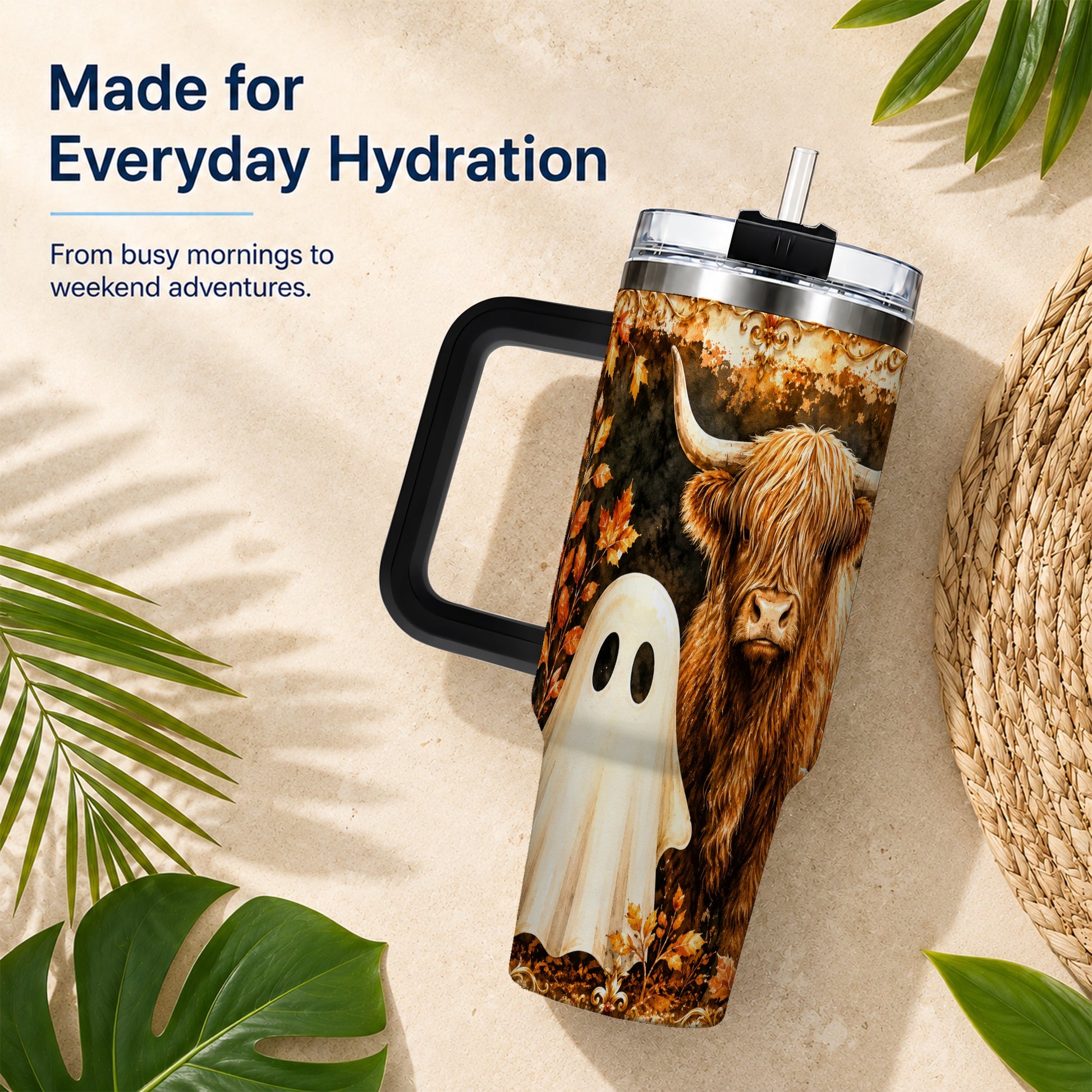 #pl[40oz|Black] Highland Cow Ghost 40oz Tumbler with Handle, Autumn Travel Cup