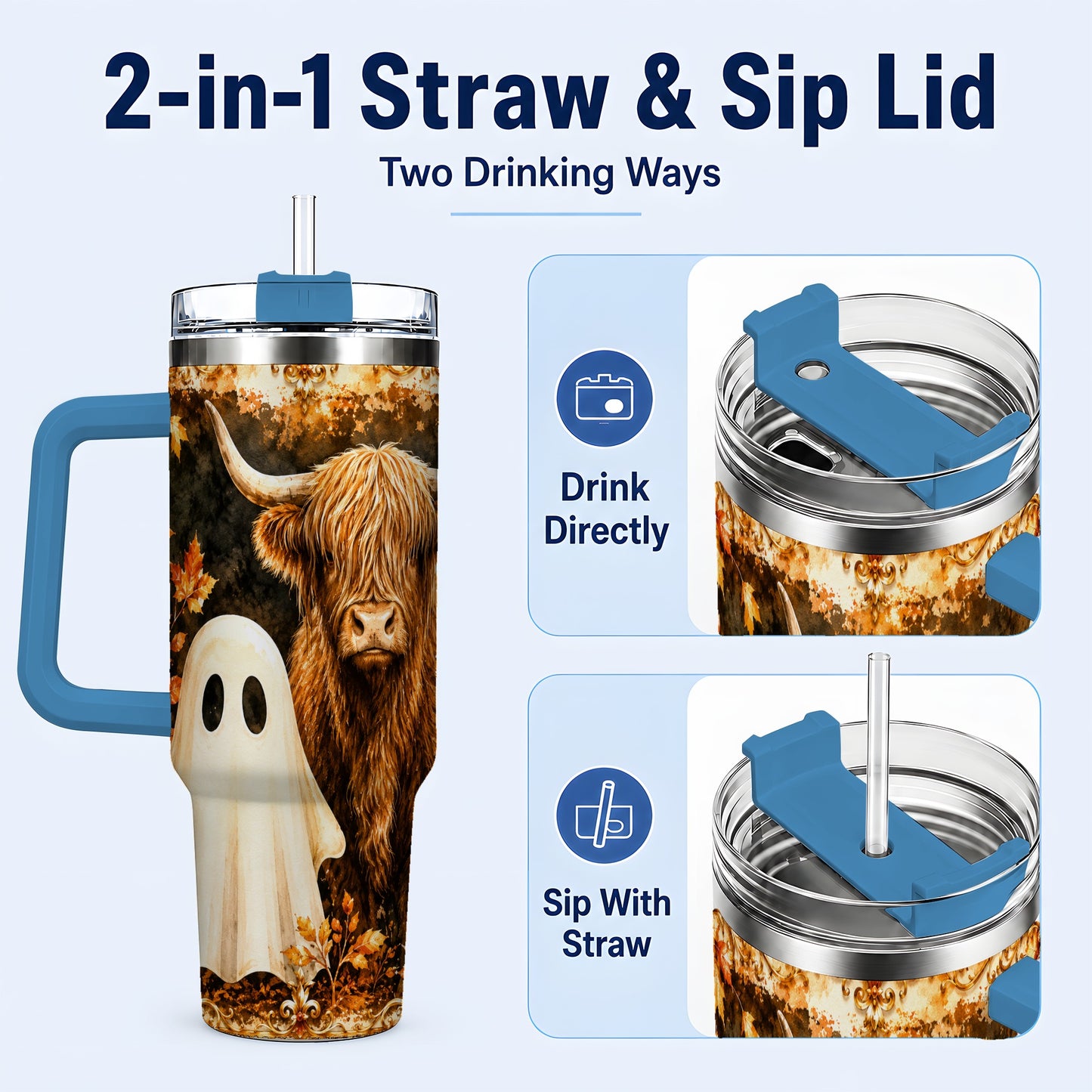 #pl[40oz|Blue] Highland Cow Ghost 40oz Tumbler with Handle, Autumn Travel Cup