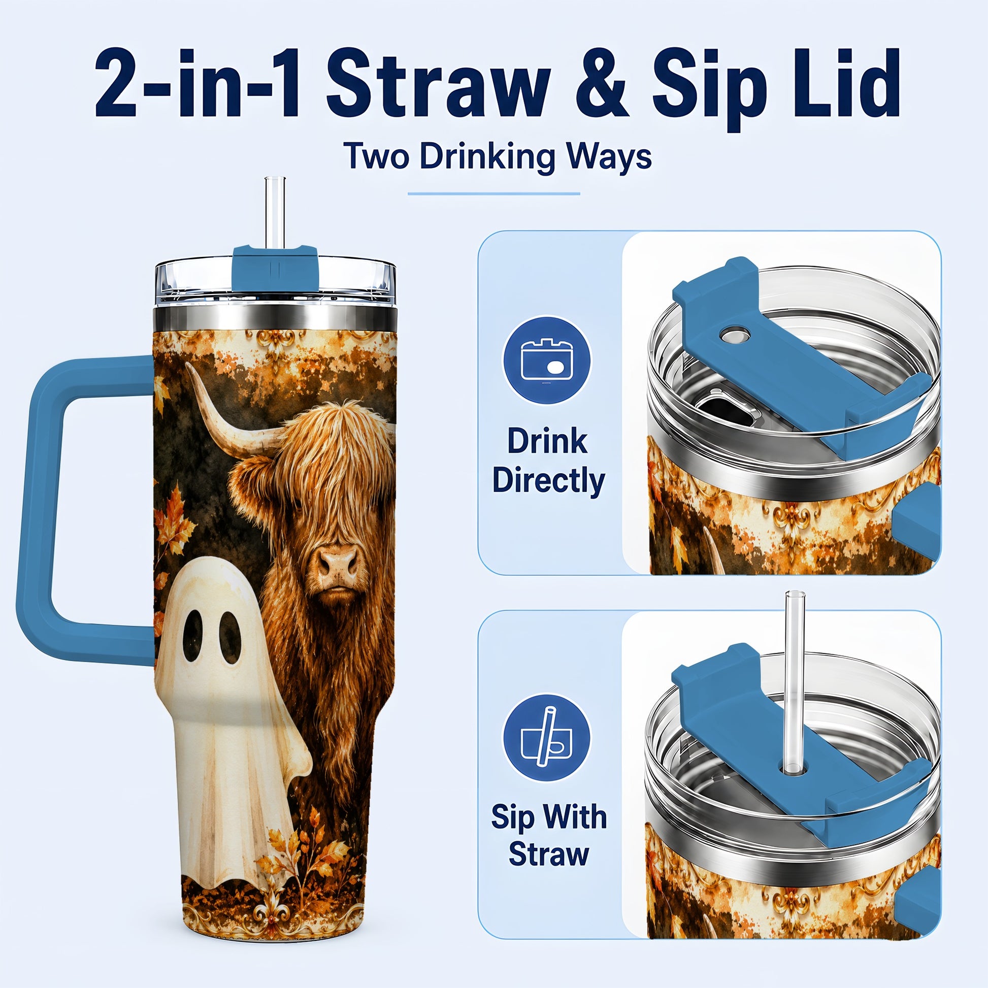 #pl[40oz|Blue] Highland Cow Ghost 40oz Tumbler with Handle, Autumn Travel Cup