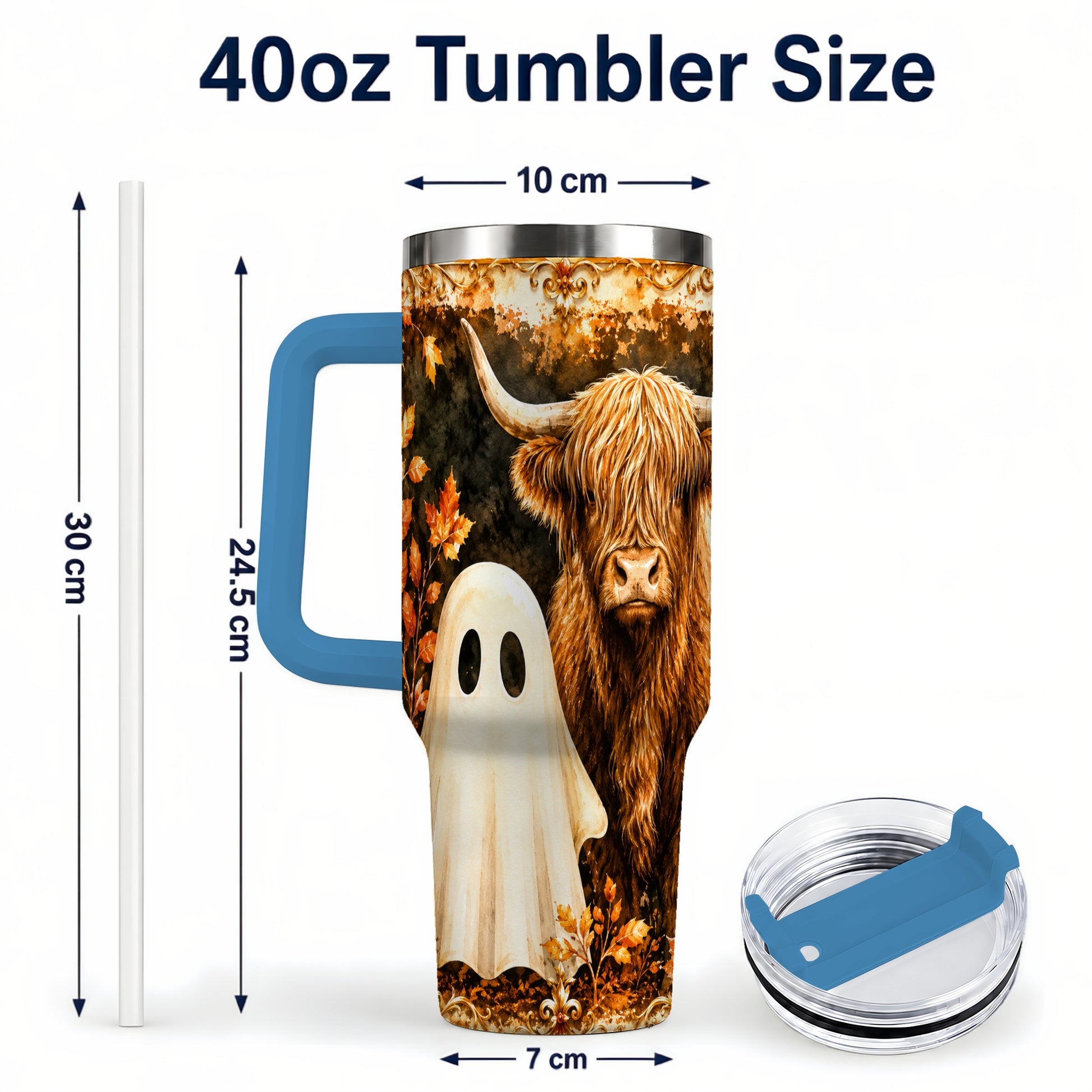 #pl[40oz|Blue] Highland Cow Ghost 40oz Tumbler with Handle, Autumn Travel Cup