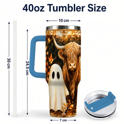 #pl[40oz|Blue] Highland Cow Ghost 40oz Tumbler with Handle, Autumn Travel Cup