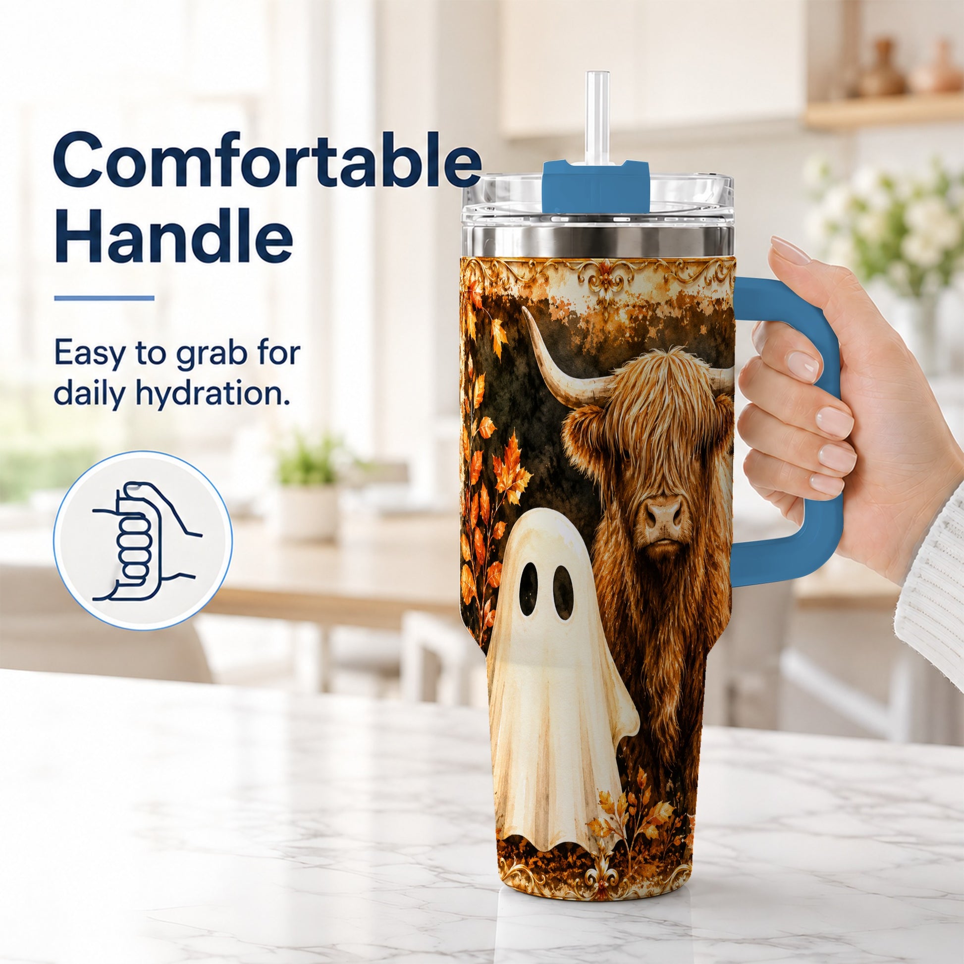 #pl[40oz|Blue] Highland Cow Ghost 40oz Tumbler with Handle, Autumn Travel Cup