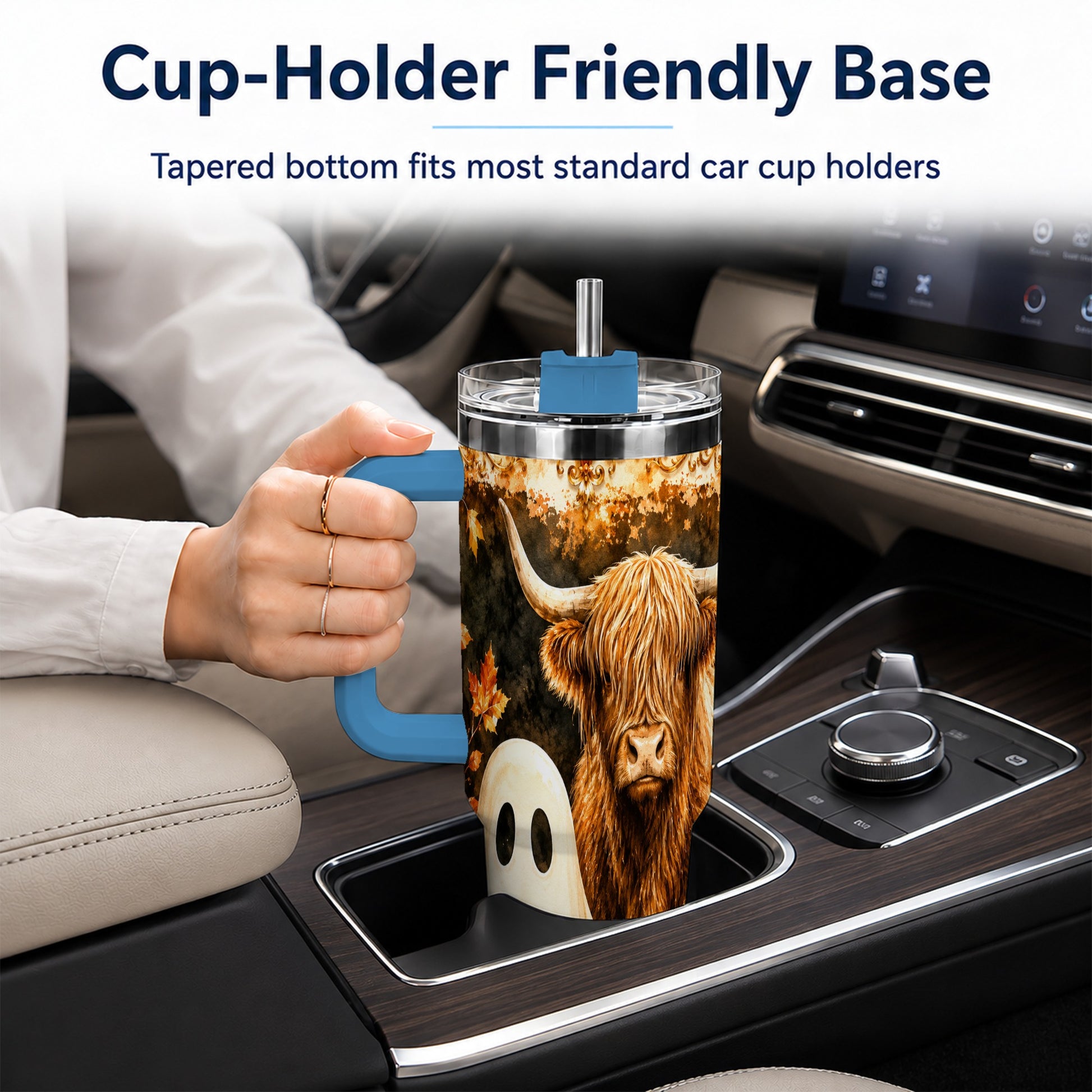 #pl[40oz|Blue] Highland Cow Ghost 40oz Tumbler with Handle, Autumn Travel Cup