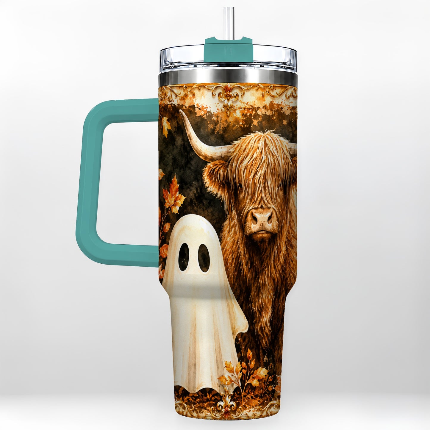 #pl[40oz|Green] Highland Cow Ghost 40oz Tumbler with Handle, Autumn Travel Cup