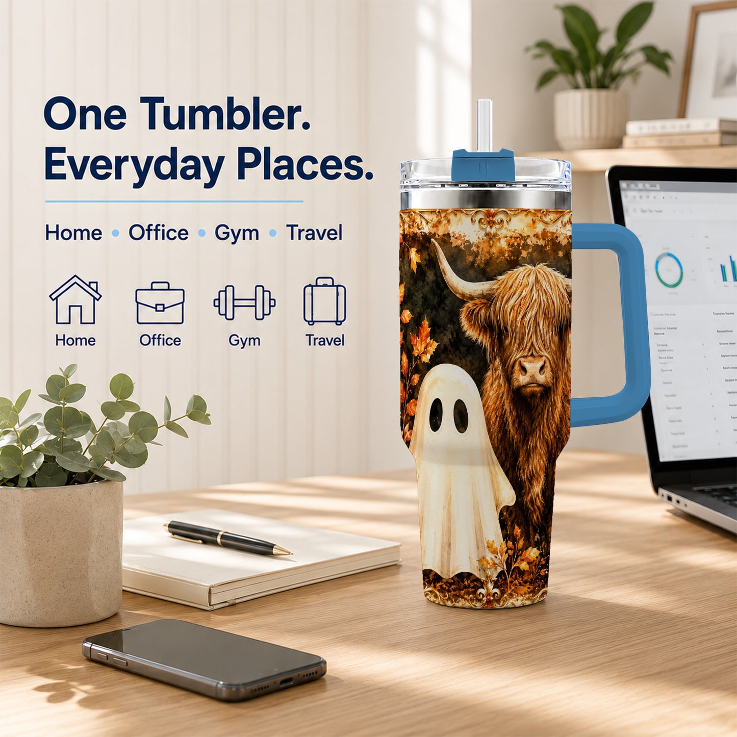 #pl[40oz|Blue] Highland Cow Ghost 40oz Tumbler with Handle, Autumn Travel Cup