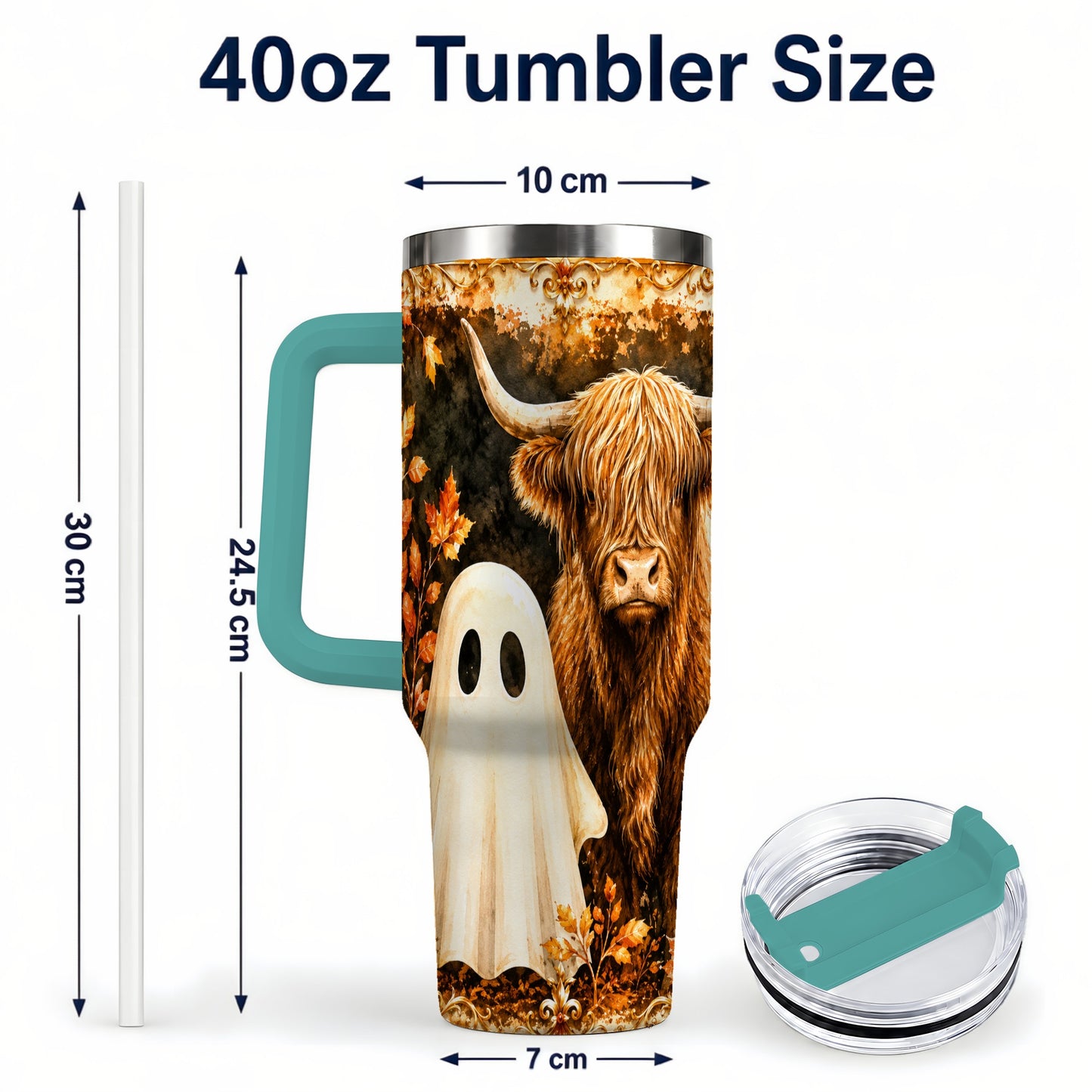 #pl[40oz|Green] Highland Cow Ghost 40oz Tumbler with Handle, Autumn Travel Cup