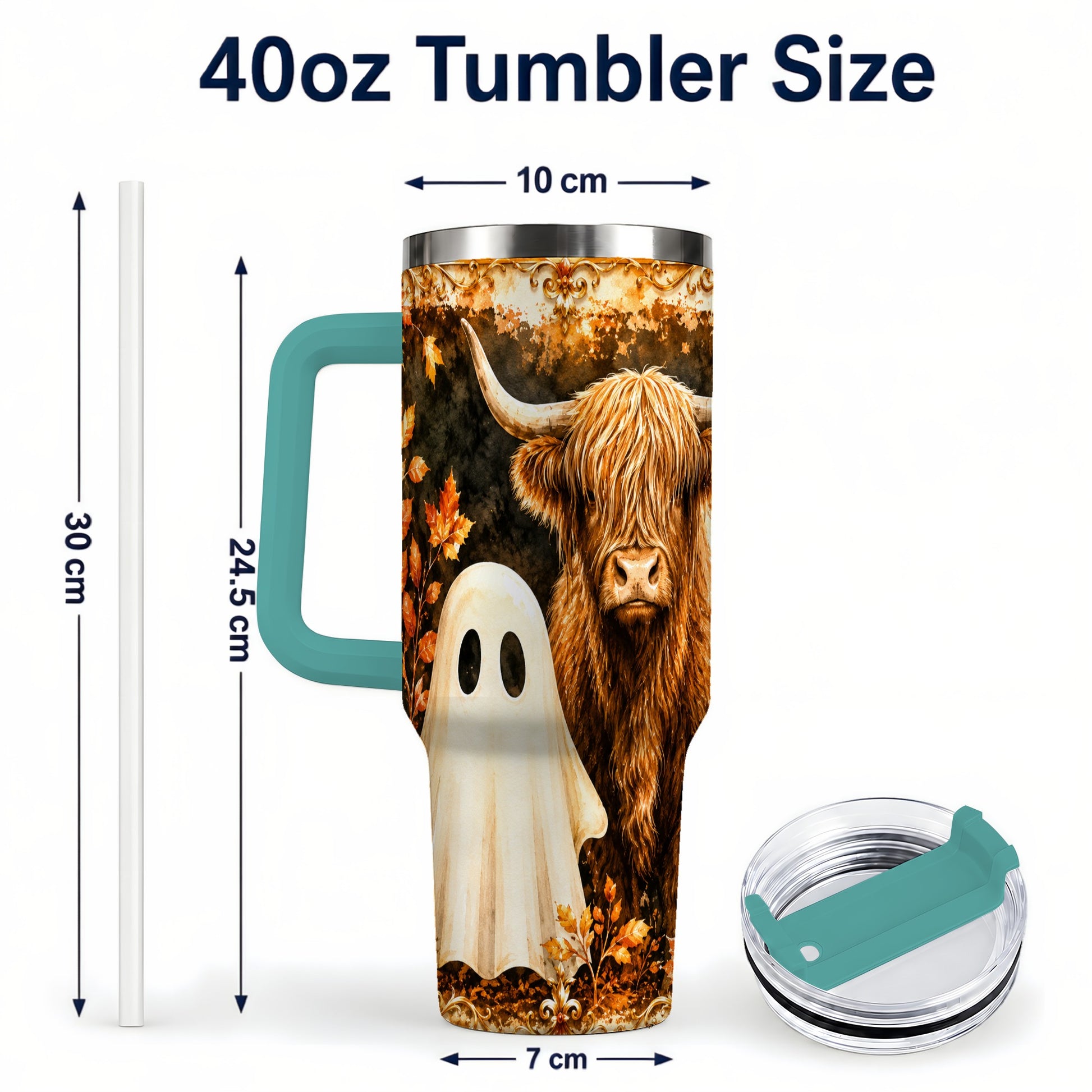 #pl[40oz|Green] Highland Cow Ghost 40oz Tumbler with Handle, Autumn Travel Cup