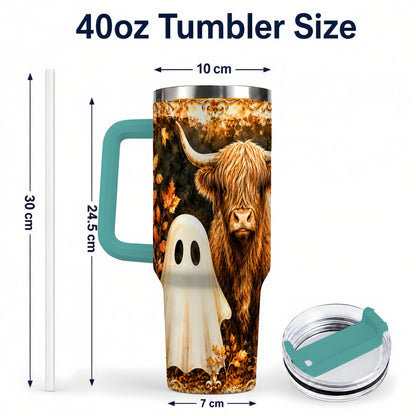 #pl[40oz|Green] Highland Cow Ghost 40oz Tumbler with Handle, Autumn Travel Cup