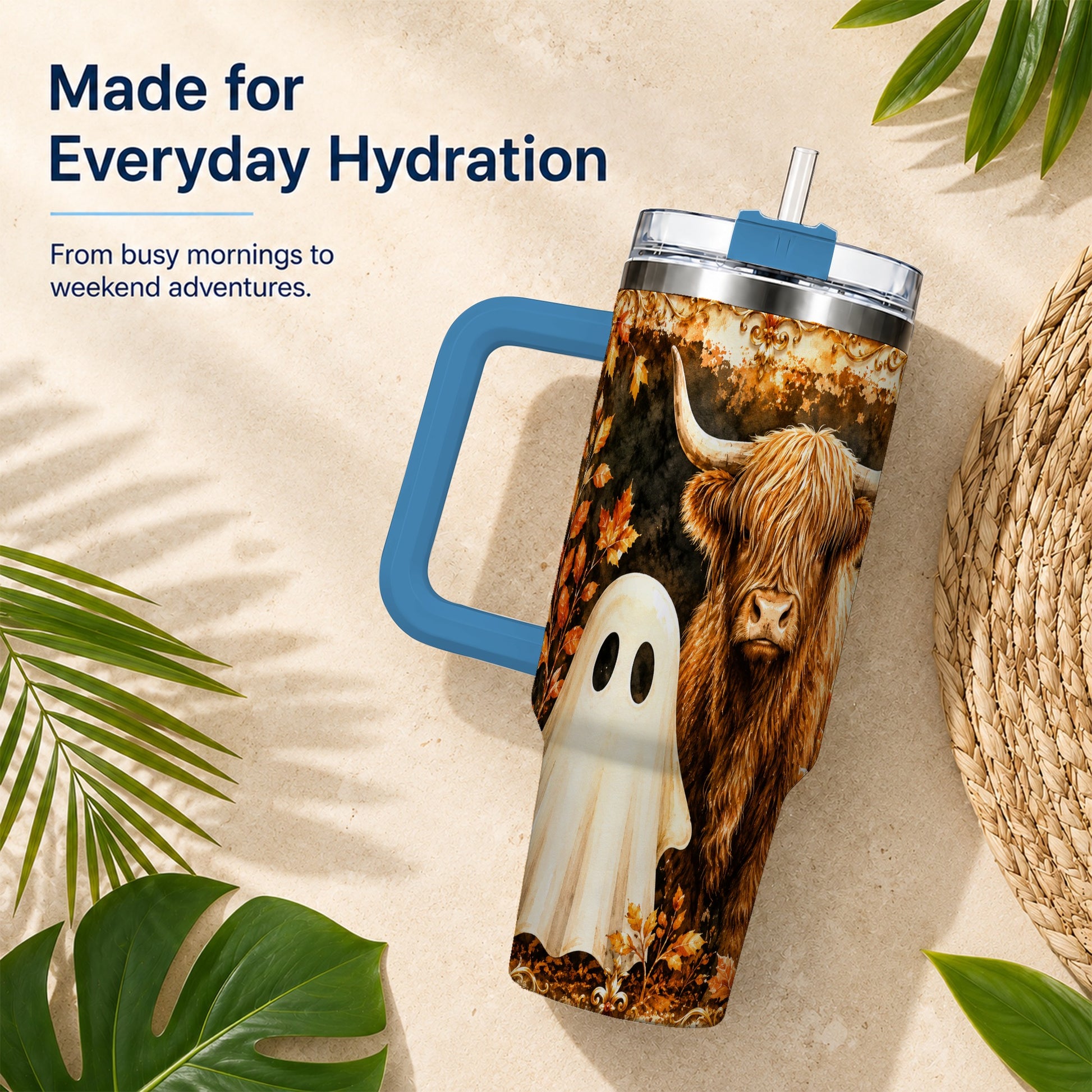 #pl[40oz|Blue] Highland Cow Ghost 40oz Tumbler with Handle, Autumn Travel Cup
